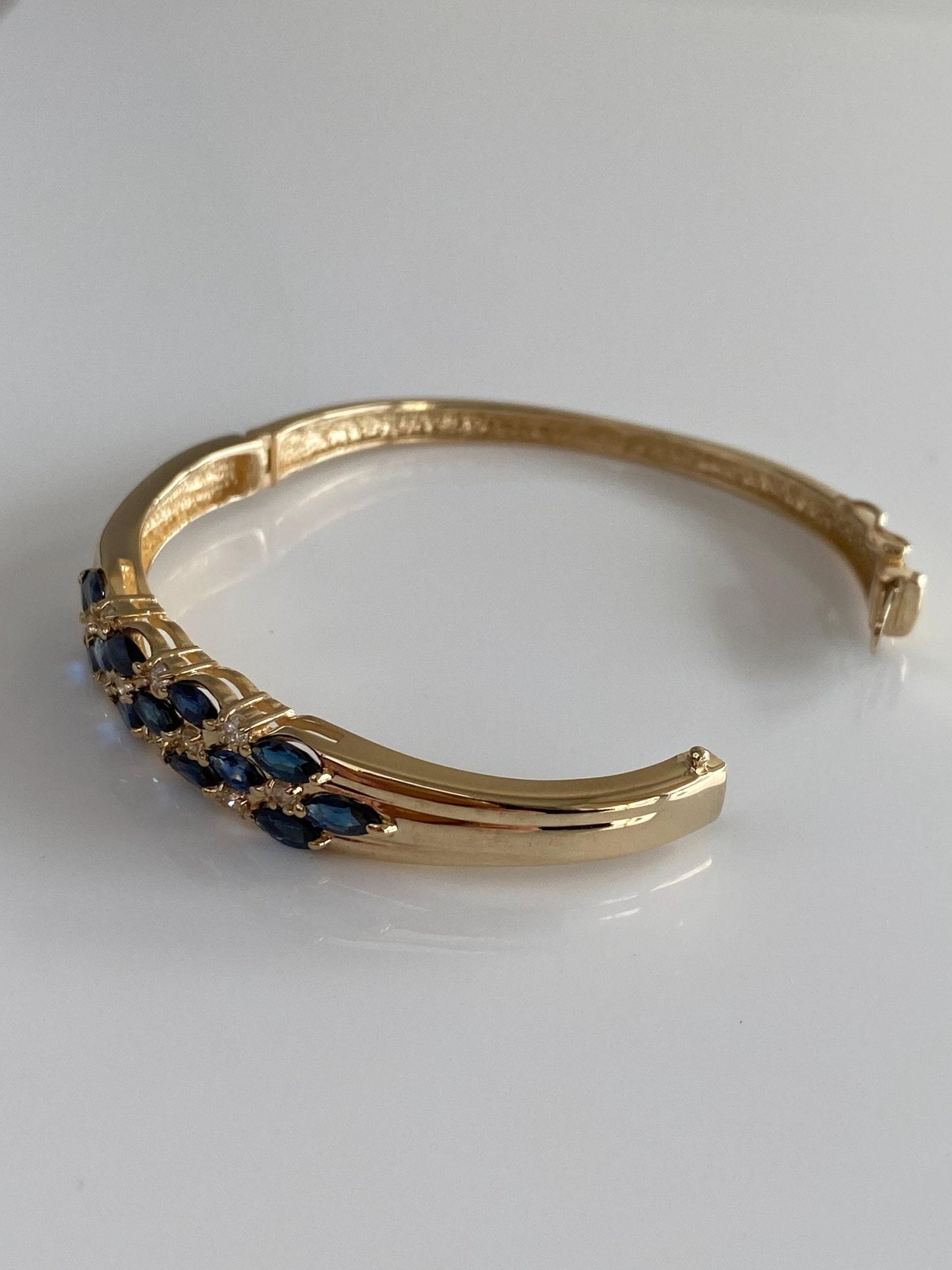 Vintage Solid 14k Yellow Gold Diamond Blue Sapphire Bangle Bracelet - 6.5 Inches