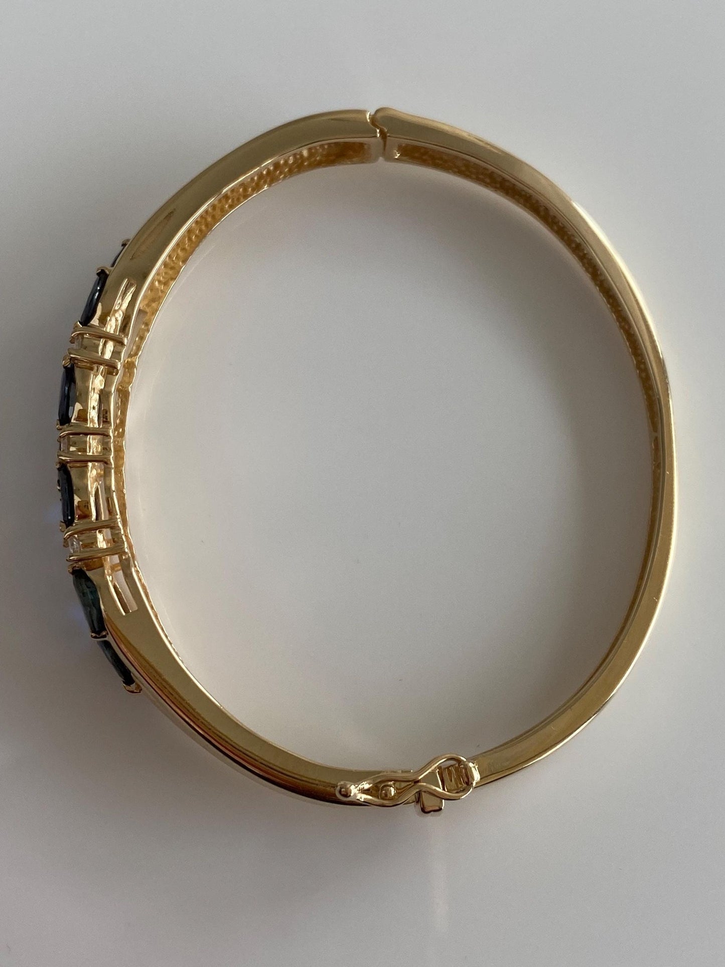 Vintage Solid 14k Yellow Gold Diamond Blue Sapphire Bangle Bracelet - 6.5 Inches