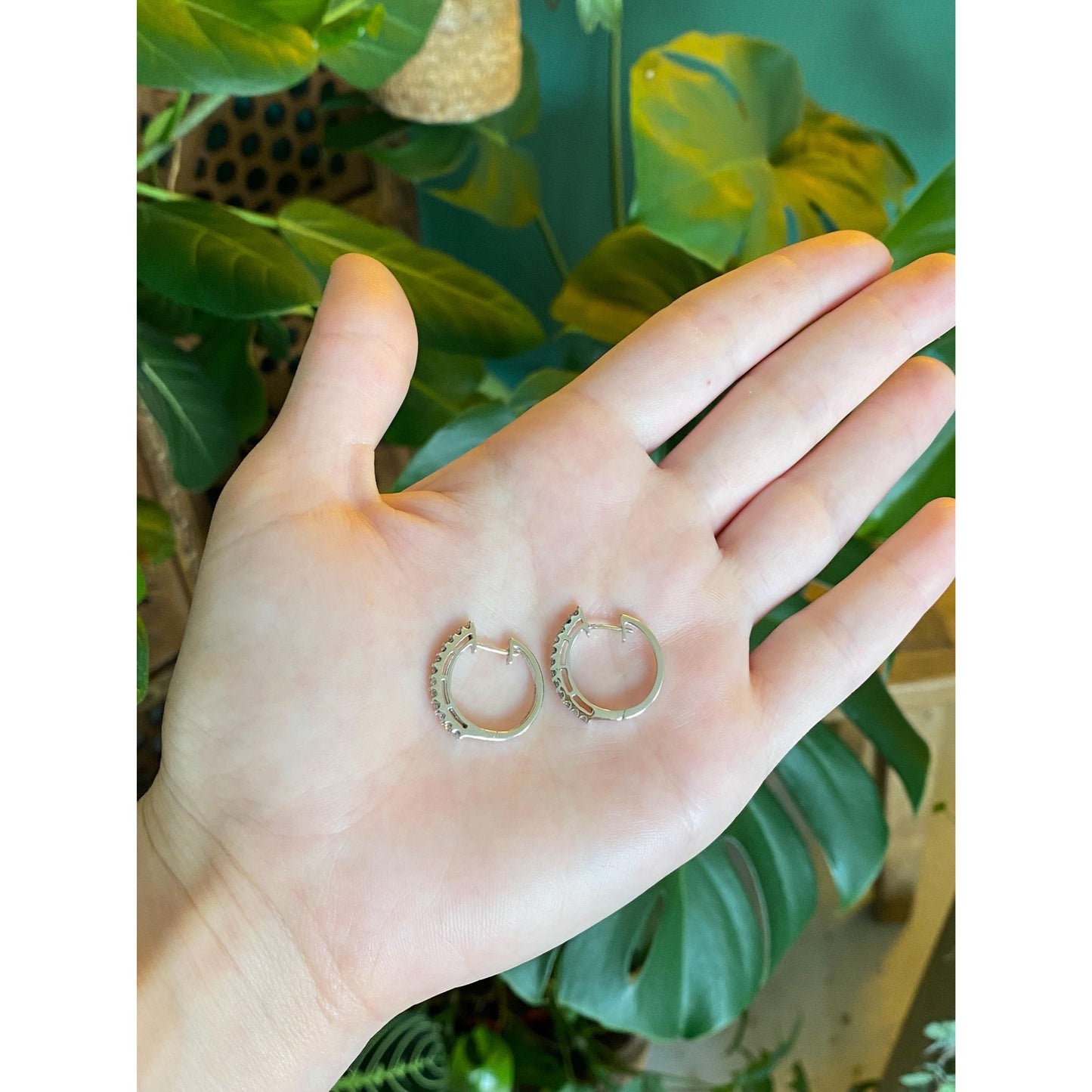 Vintage Solid 10k White Gold Diamond Hoop Earrings