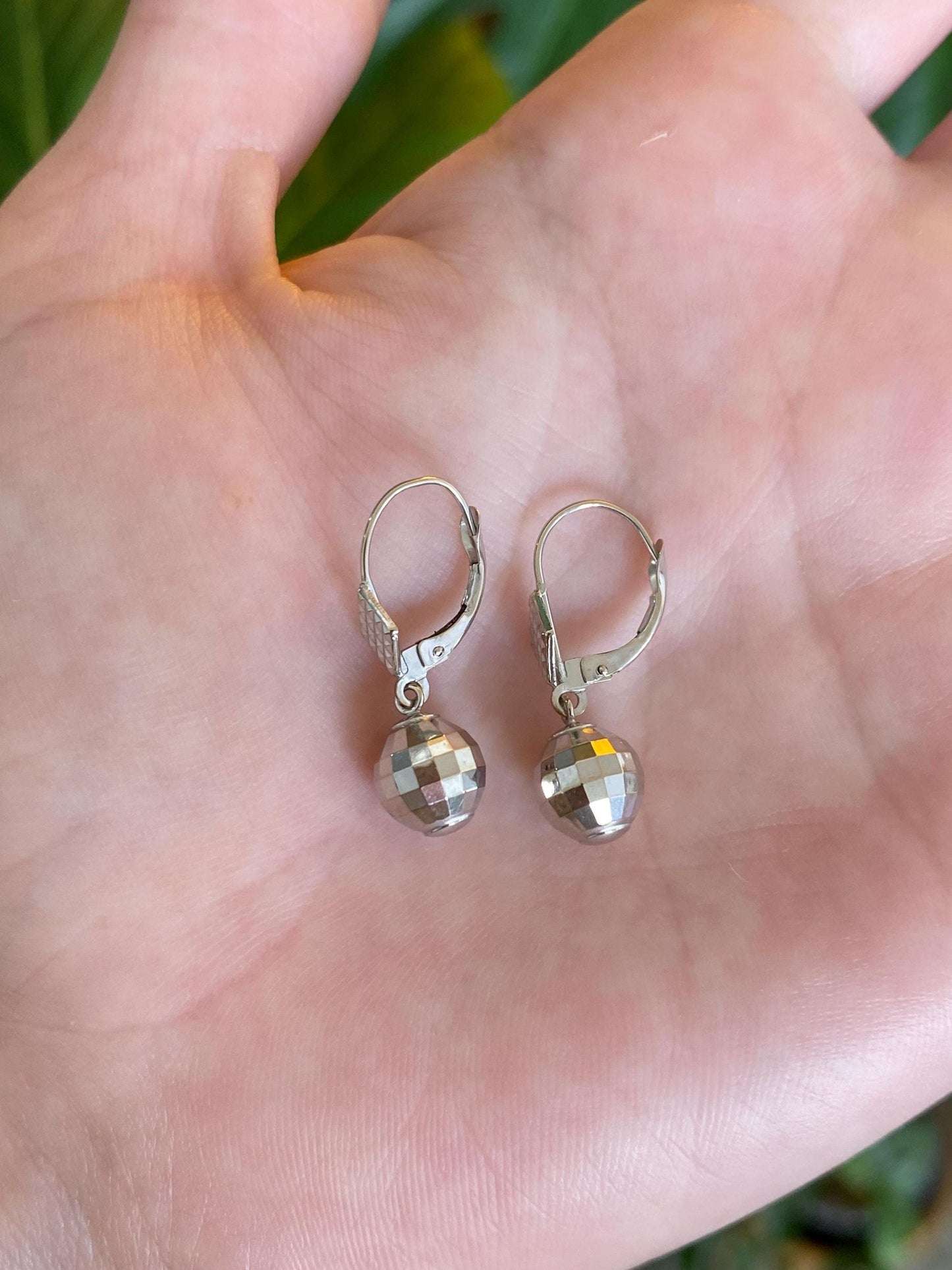 Vintage 14k White Gold Faceted Disco Ball Dangle Earrings