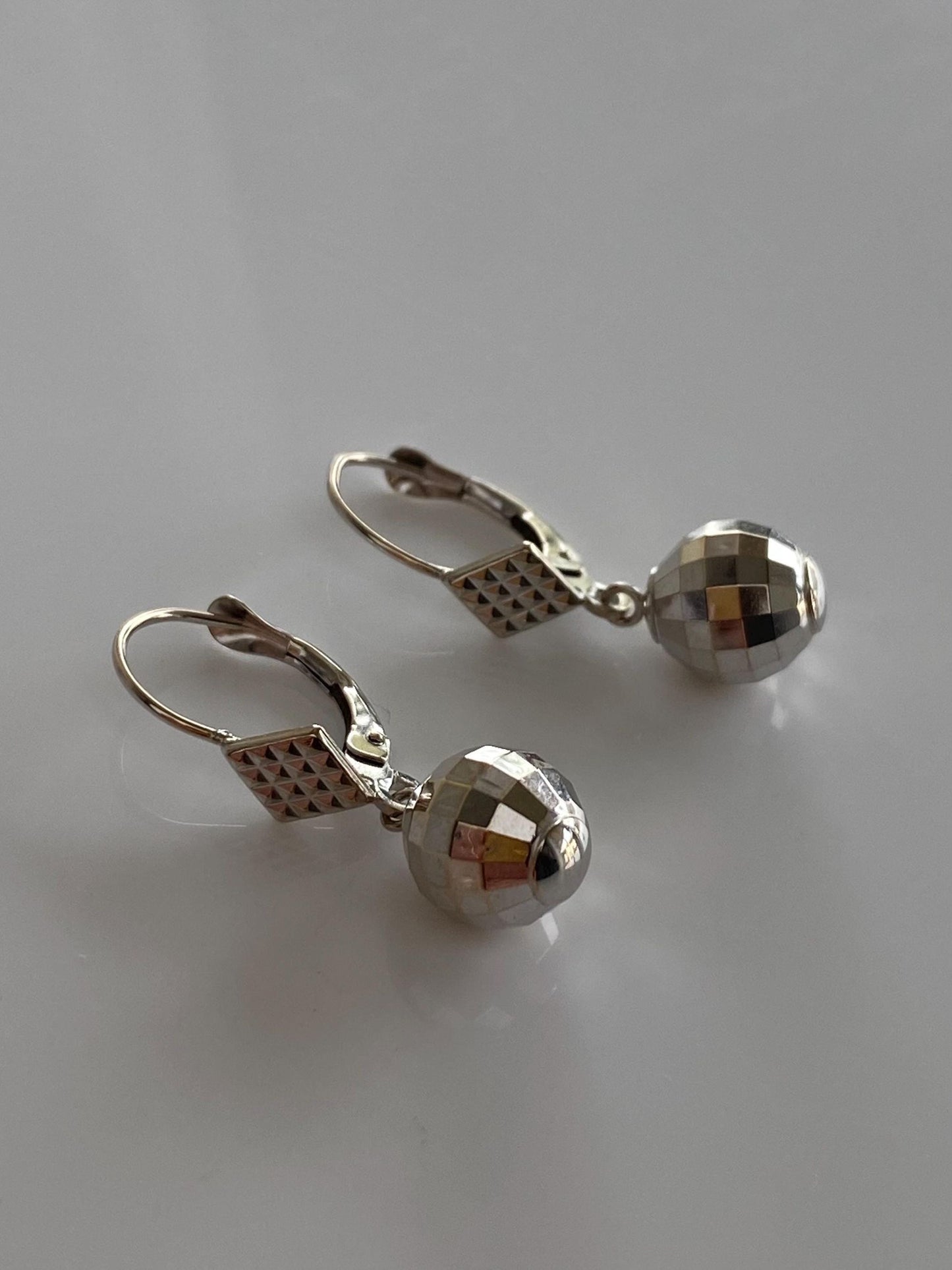 Vintage 14k White Gold Faceted Disco Ball Dangle Earrings