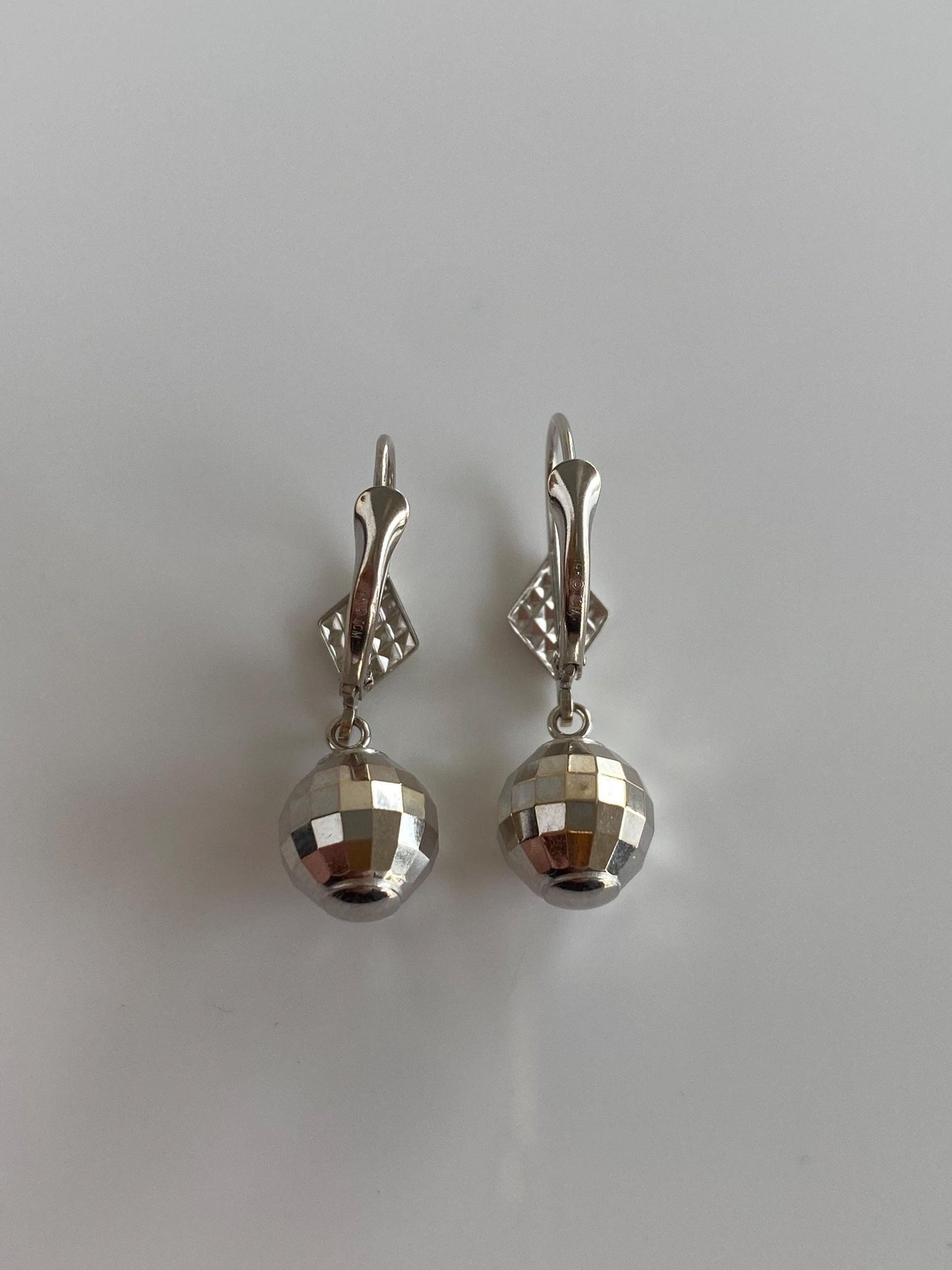 Vintage 14k White Gold Faceted Disco Ball Dangle Earrings