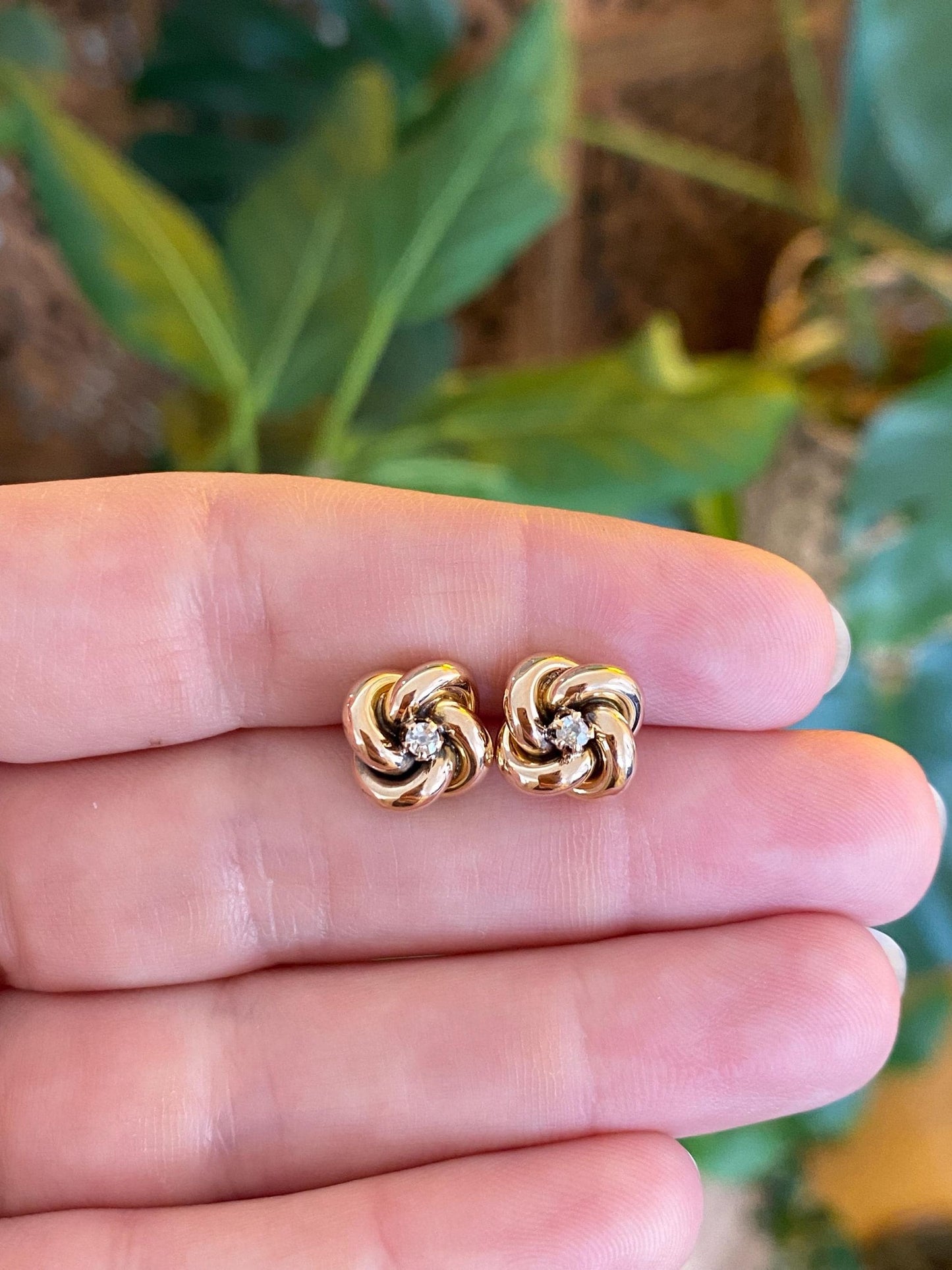 Vintage 10k Yellow Gold Old Mine Cut Diamond Knot Stud Earrings