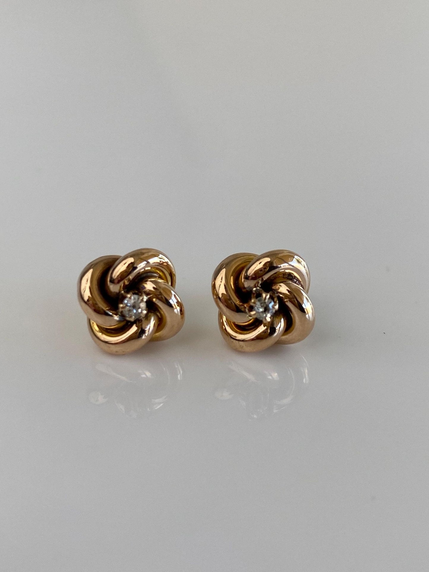 Vintage 10k Yellow Gold Old Mine Cut Diamond Knot Stud Earrings