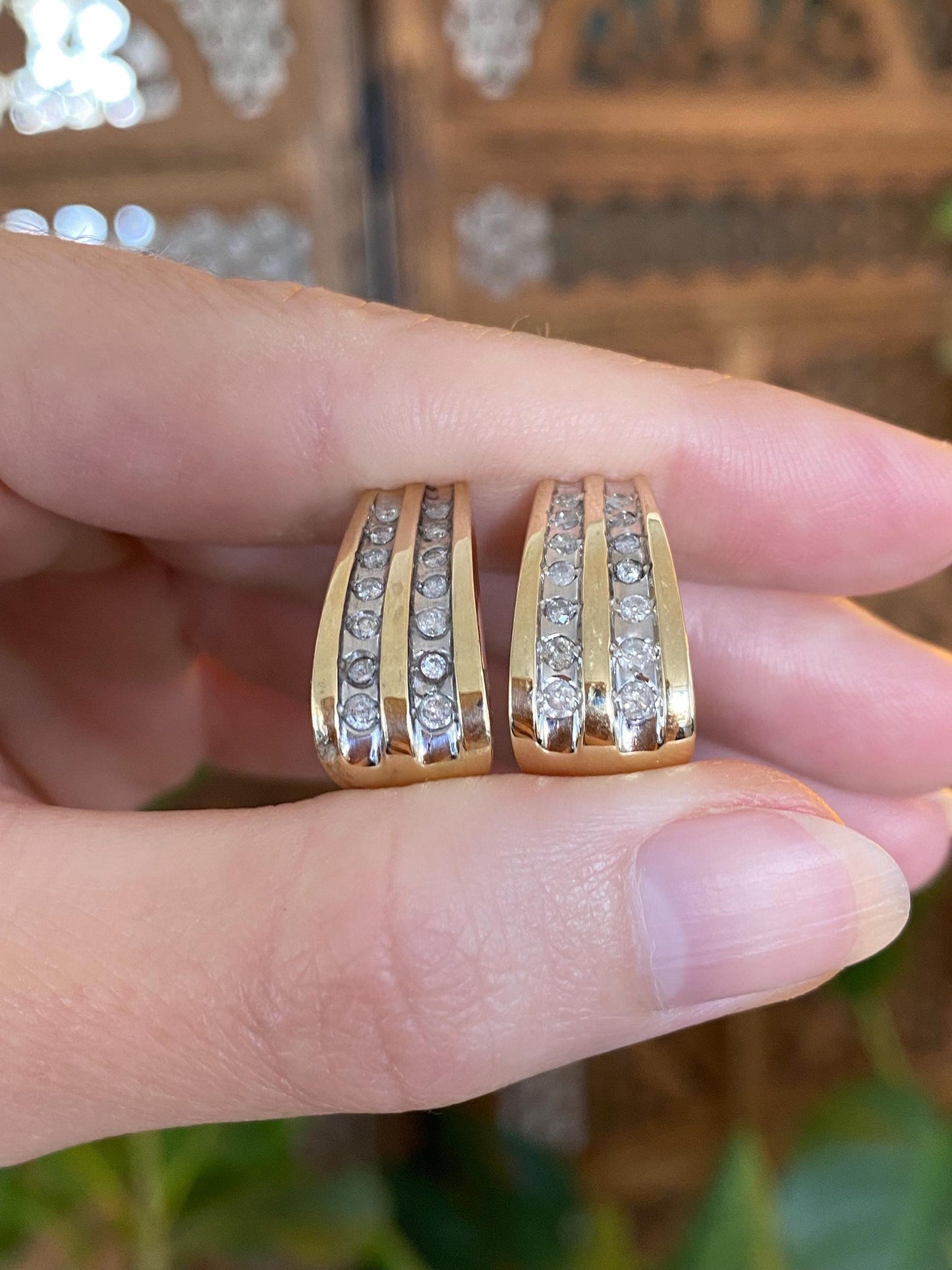 Vintage Solid 10k White & Yellow Gold Diamond Drop Earrings