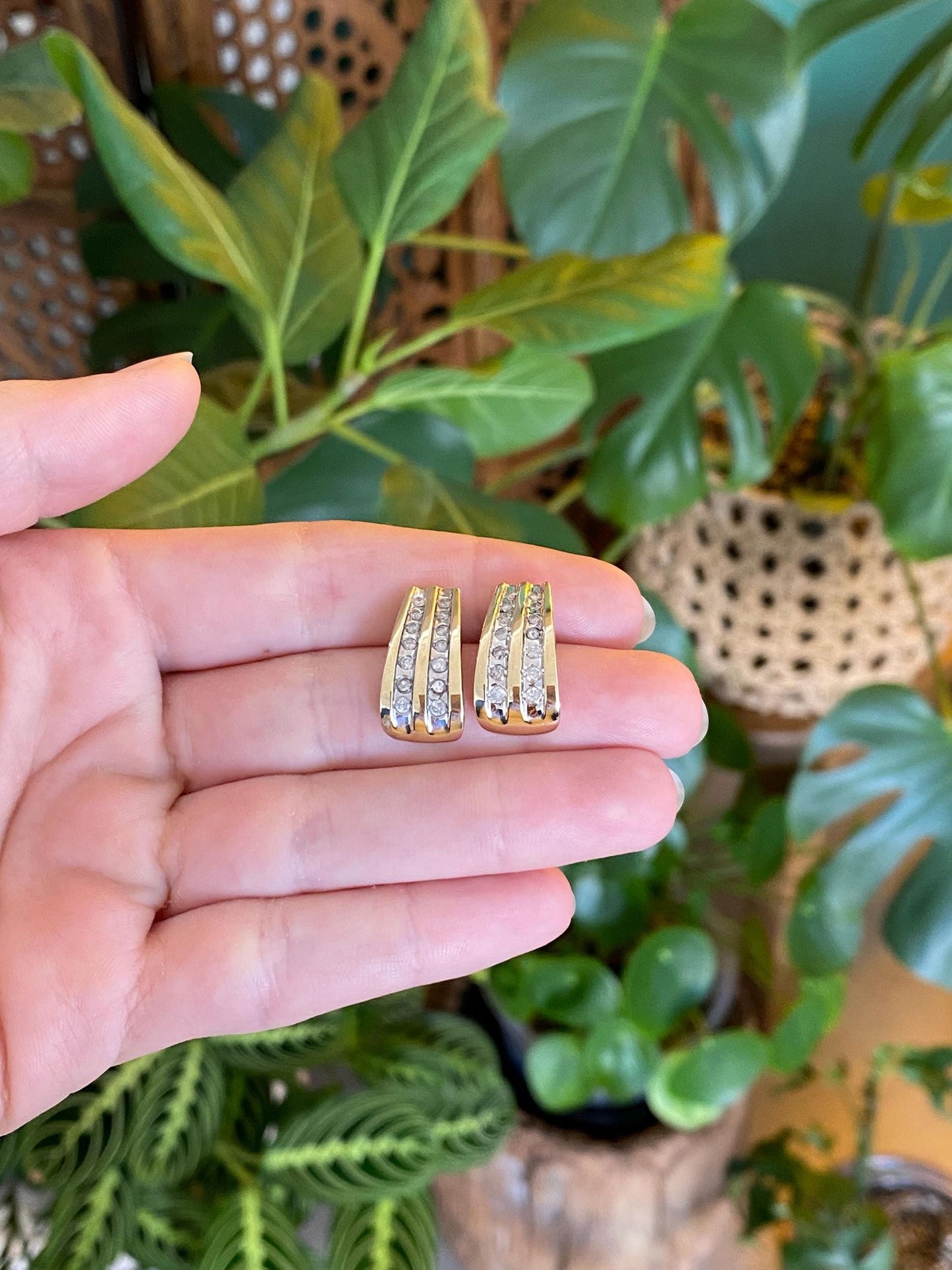 Vintage Solid 10k White & Yellow Gold Diamond Drop Earrings