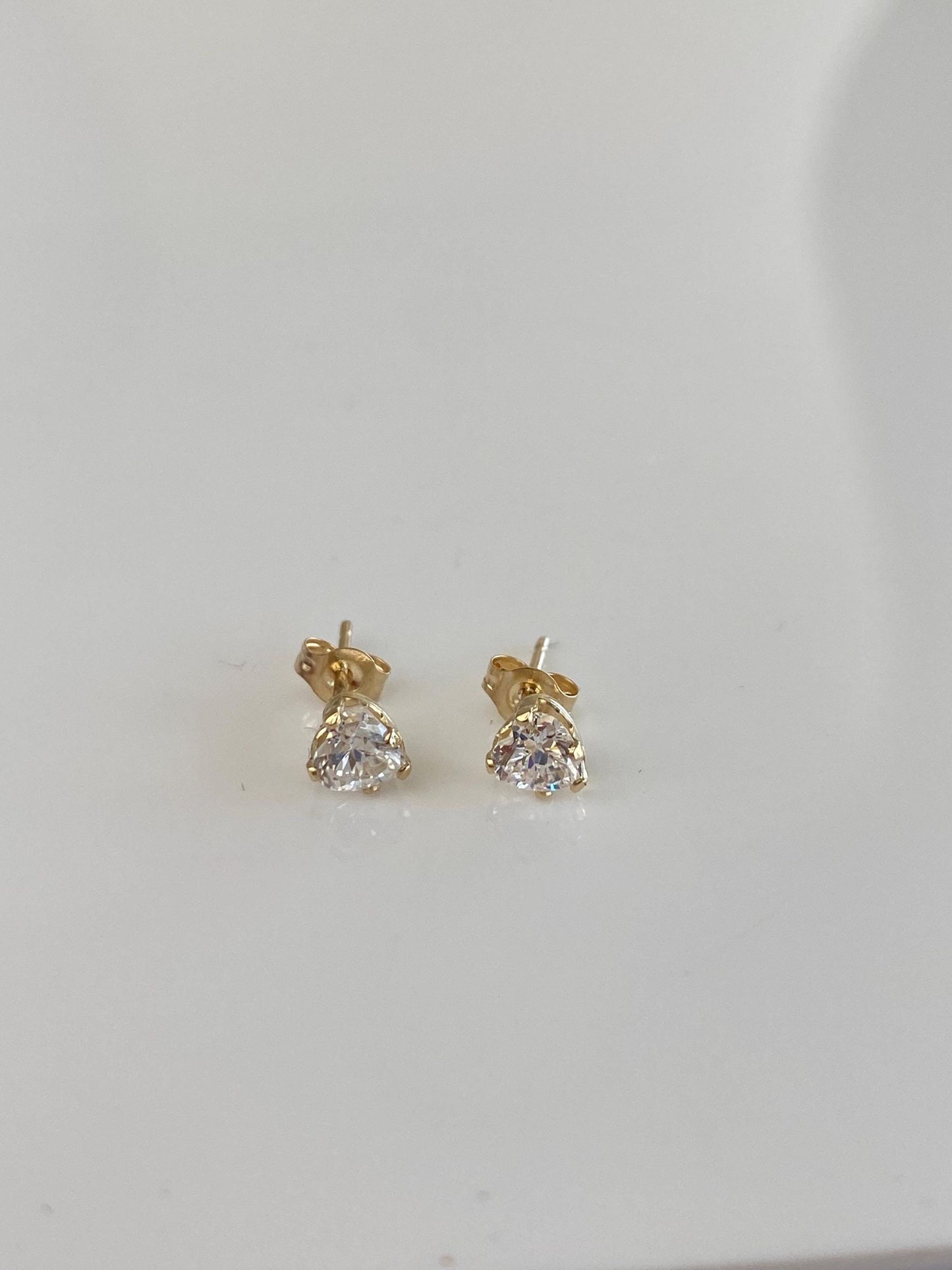 Solid 14k Yellow Gold Clear Cubic Zirconia Heart Stud Earrings