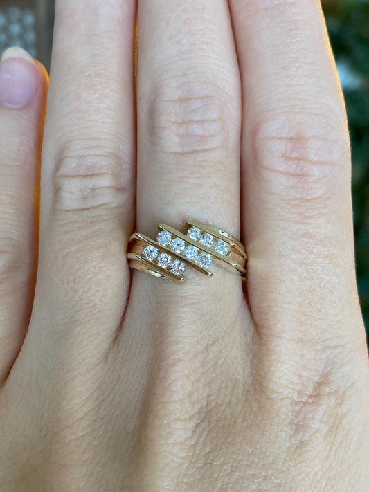 Vintage Solid 14k Yellow Gold Diamond Rows Abstract Ring - Size 7.75