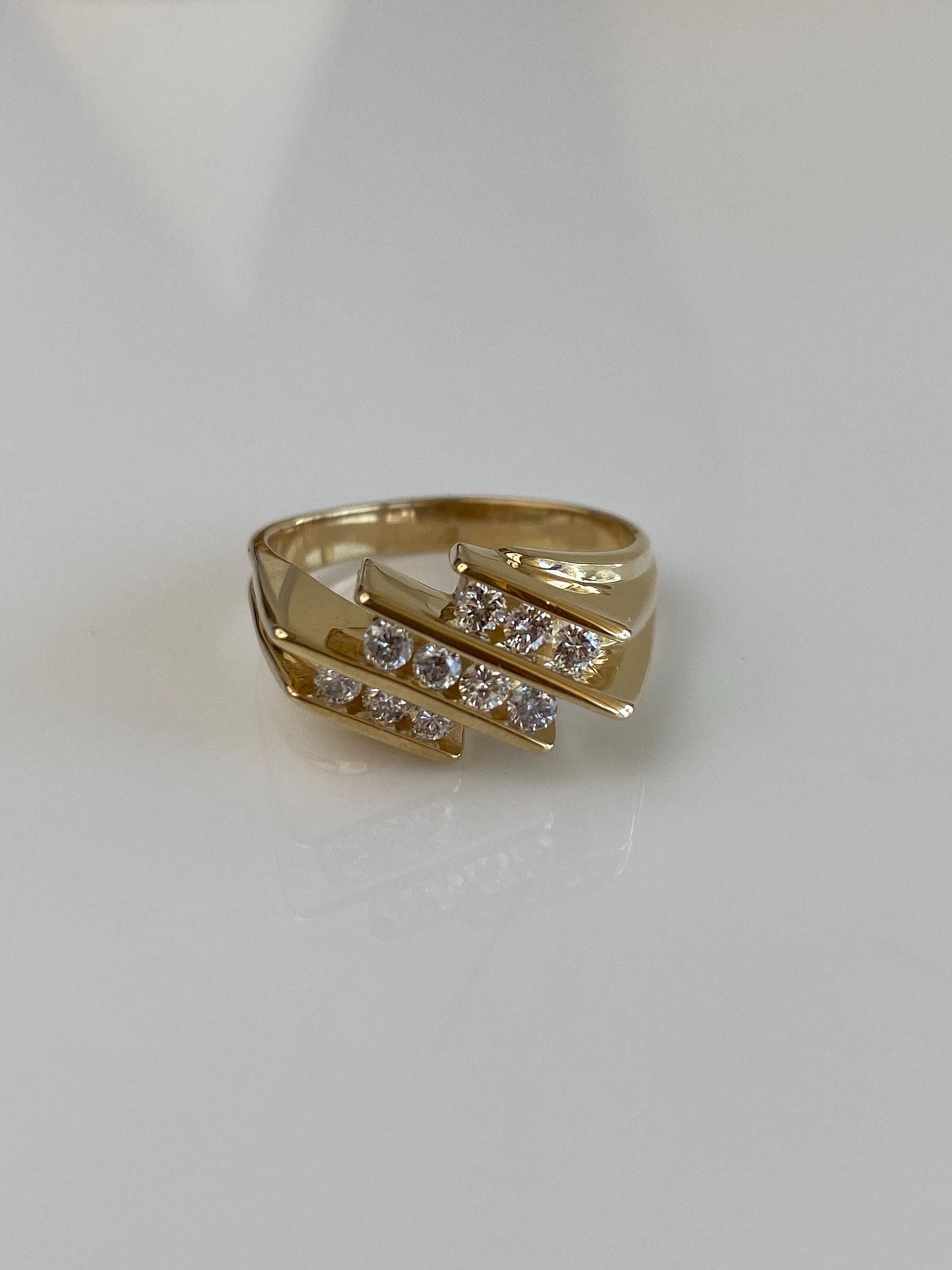 Vintage Solid 14k Yellow Gold Diamond Rows Abstract Ring - Size 7.75
