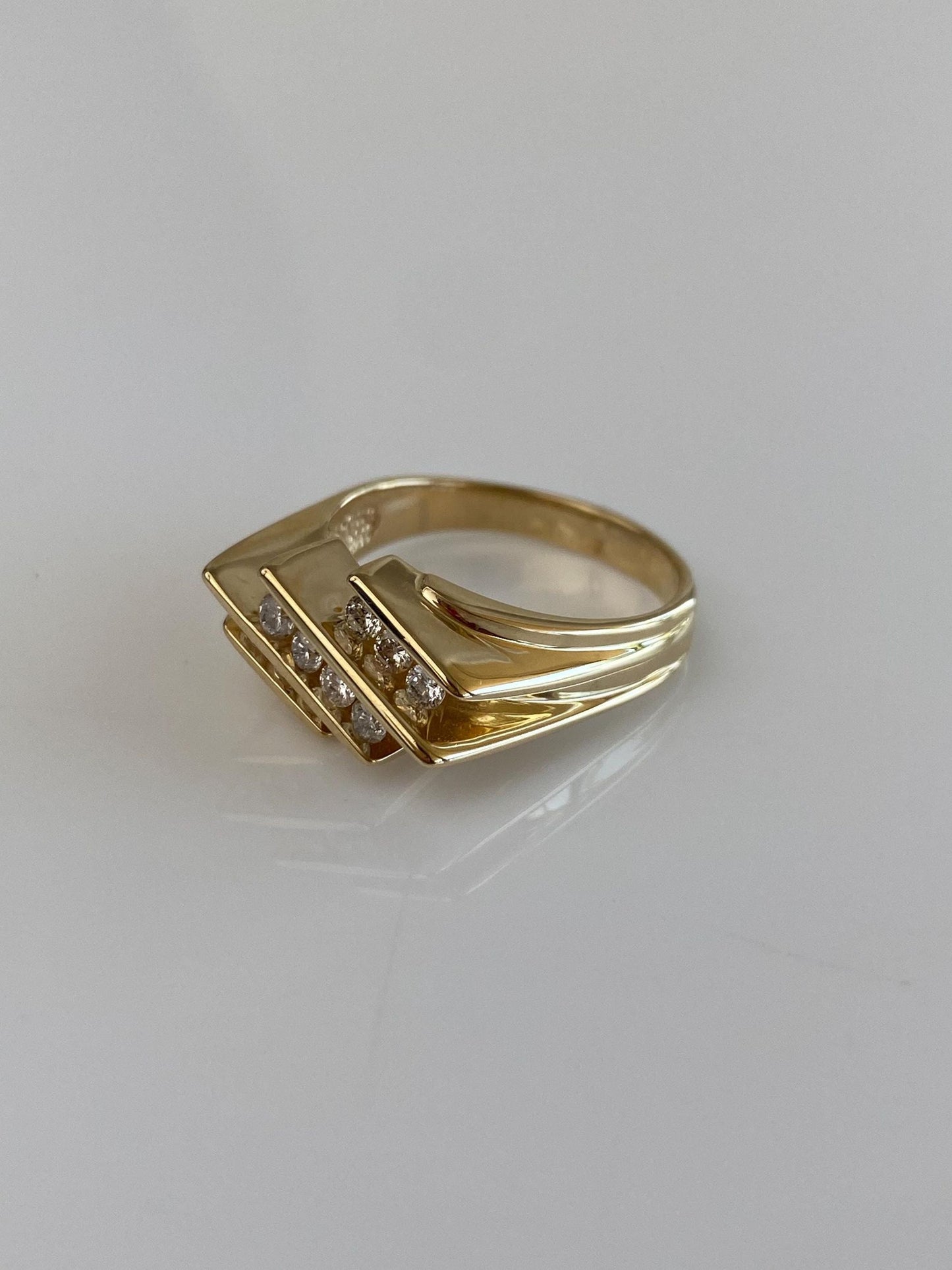 Vintage Solid 14k Yellow Gold Diamond Rows Abstract Ring - Size 7.75