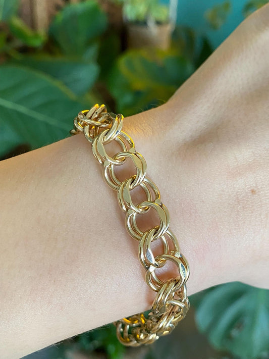 Vintage Solid 14k Yellow Gold Double Link Charm Bracelet - 7.5 inches