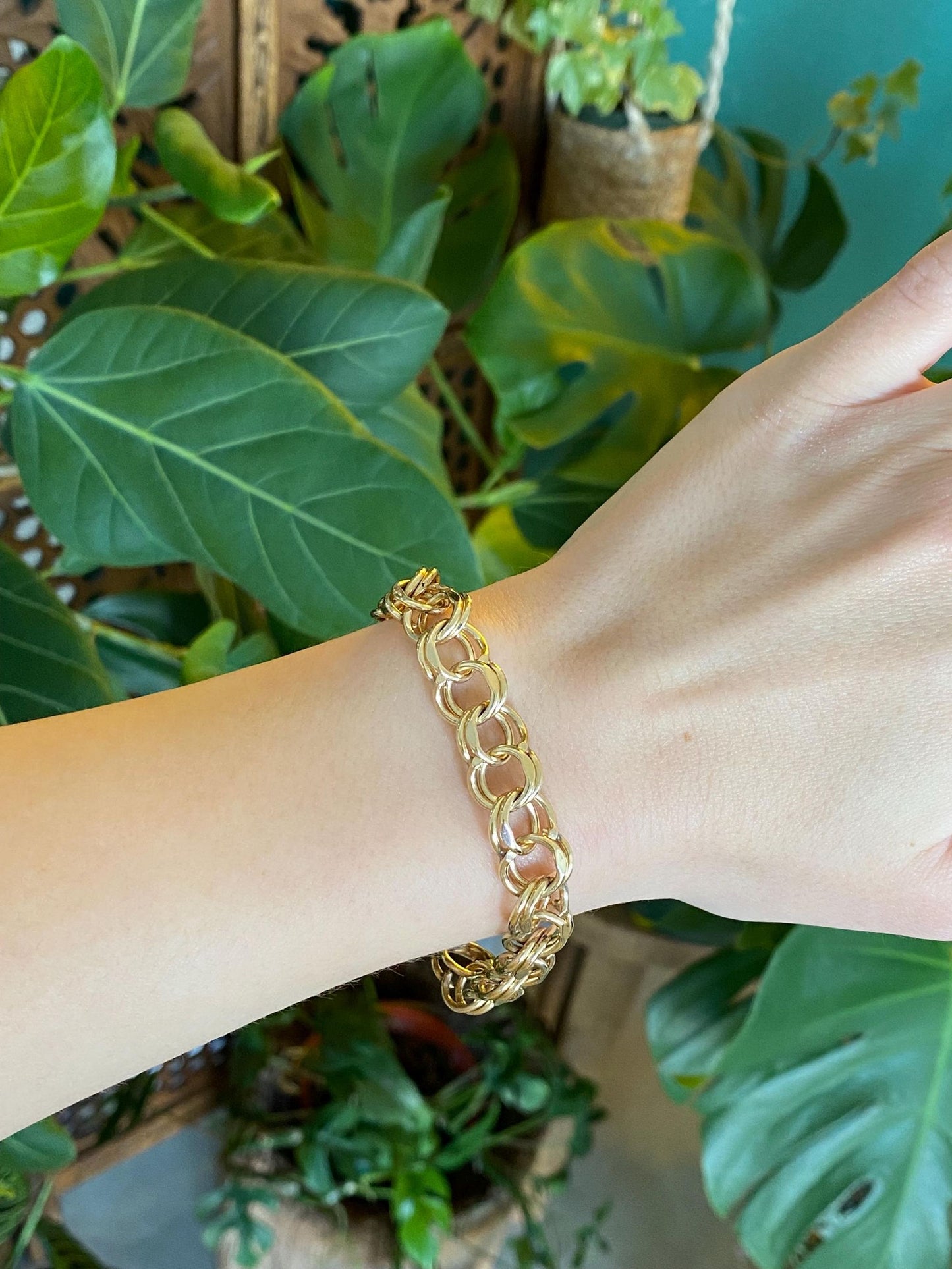 Vintage Solid 14k Yellow Gold Double Link Charm Bracelet - 7.5 inches