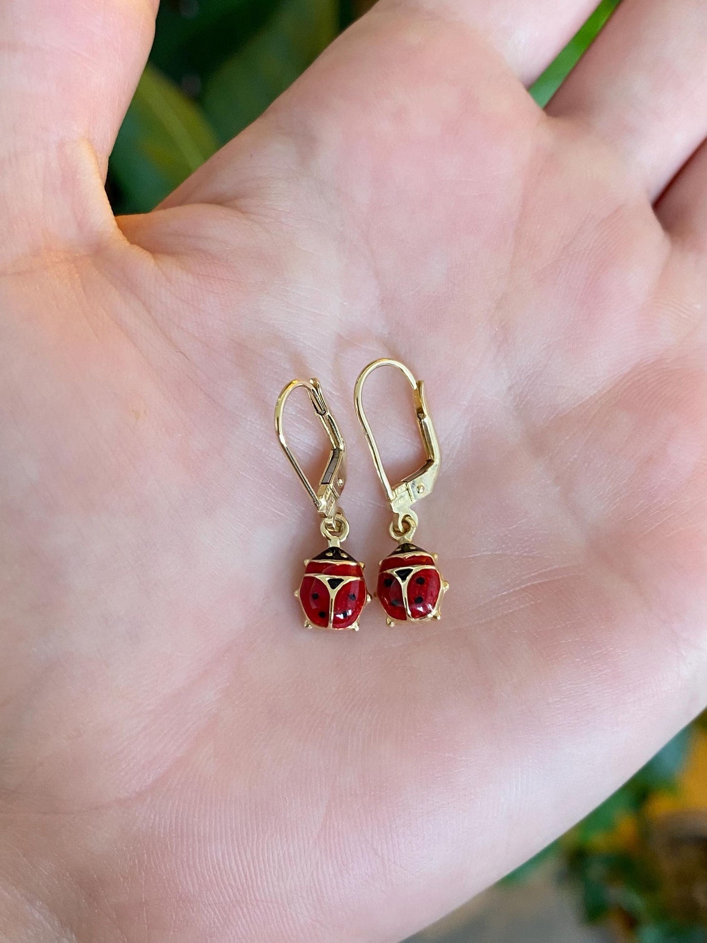 Vintage 14k Yellow Gold Enamel Lady Bug Dangle Earrings