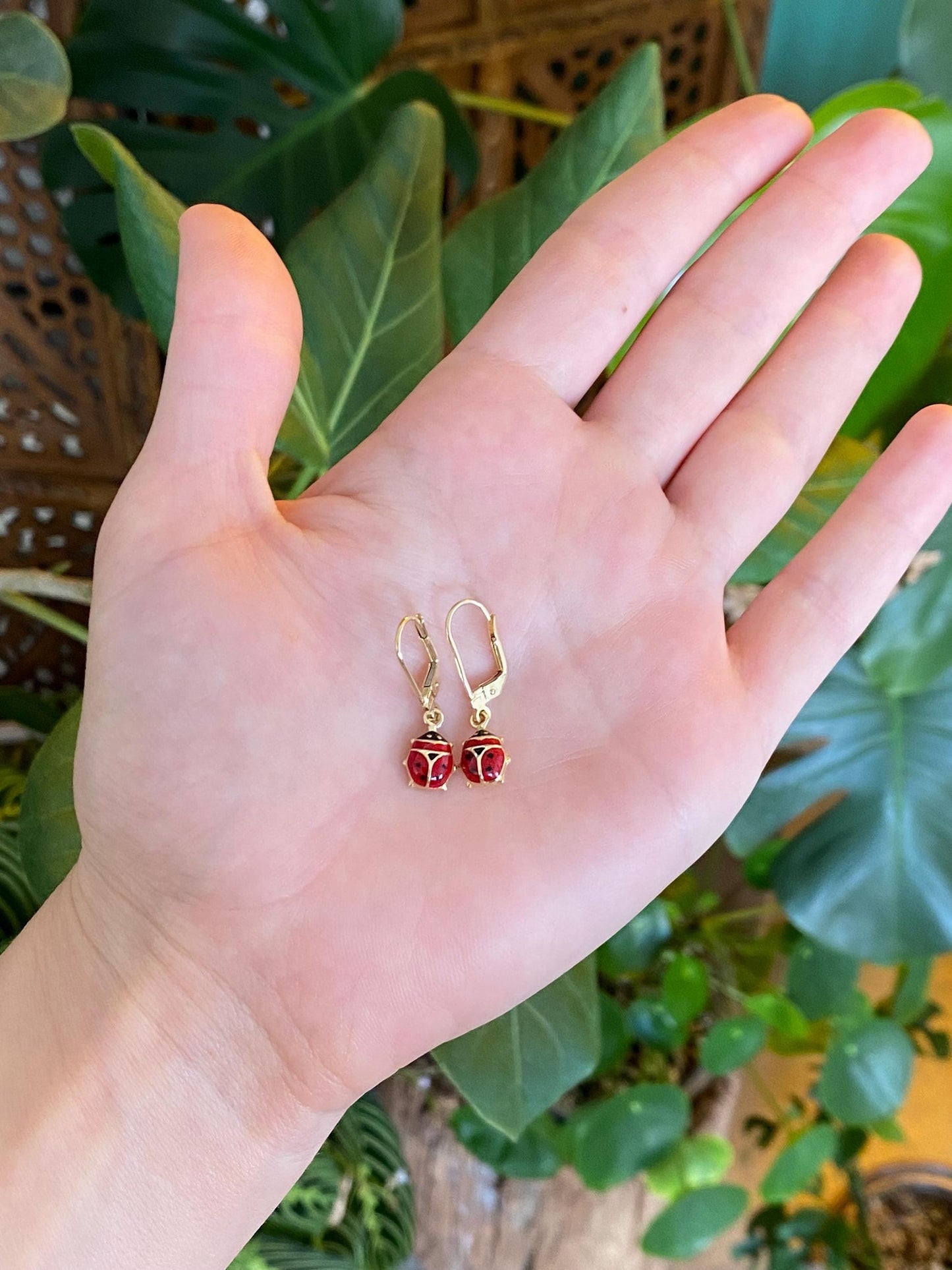 Vintage 14k Yellow Gold Enamel Lady Bug Dangle Earrings