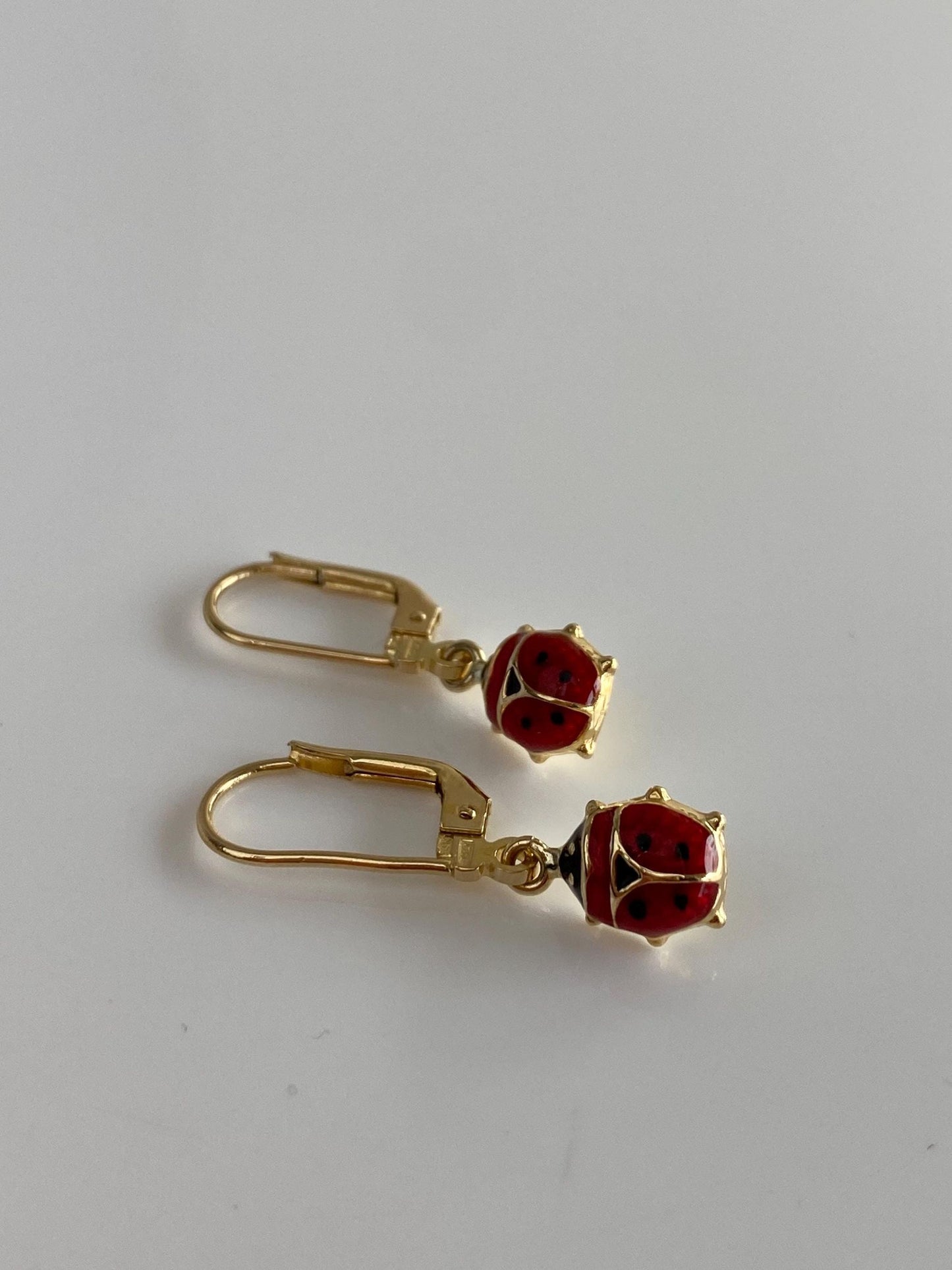 Vintage 14k Yellow Gold Enamel Lady Bug Dangle Earrings