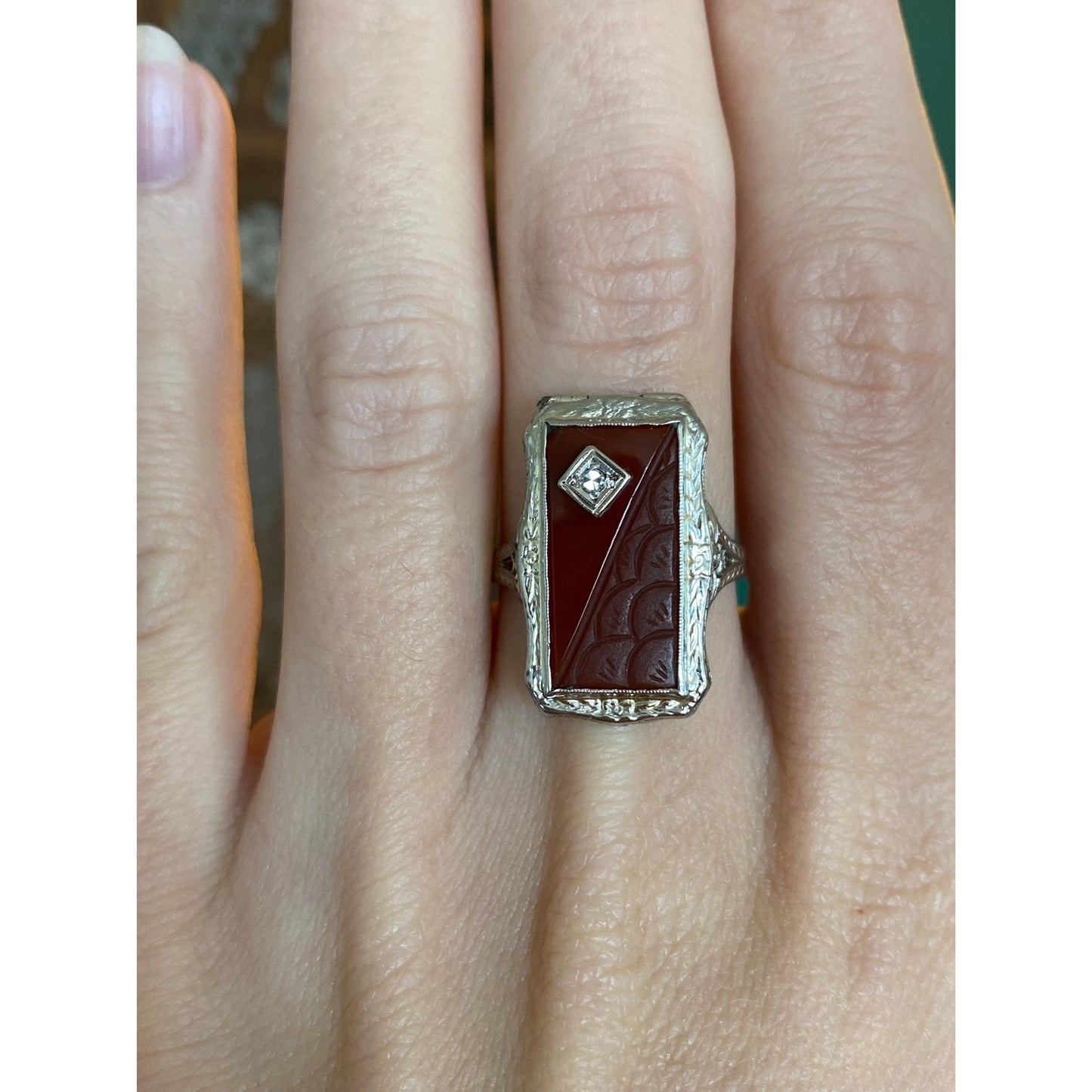 Vintage Solid 14k White Gold Clear Sapphire Carved Carnelian Art Deco Poison Ring - Size 6.5