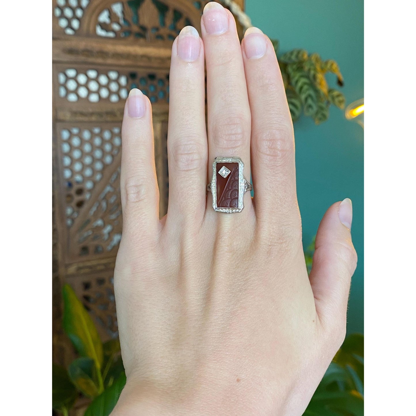 Vintage Solid 14k White Gold Clear Sapphire Carved Carnelian Art Deco Poison Ring - Size 6.5