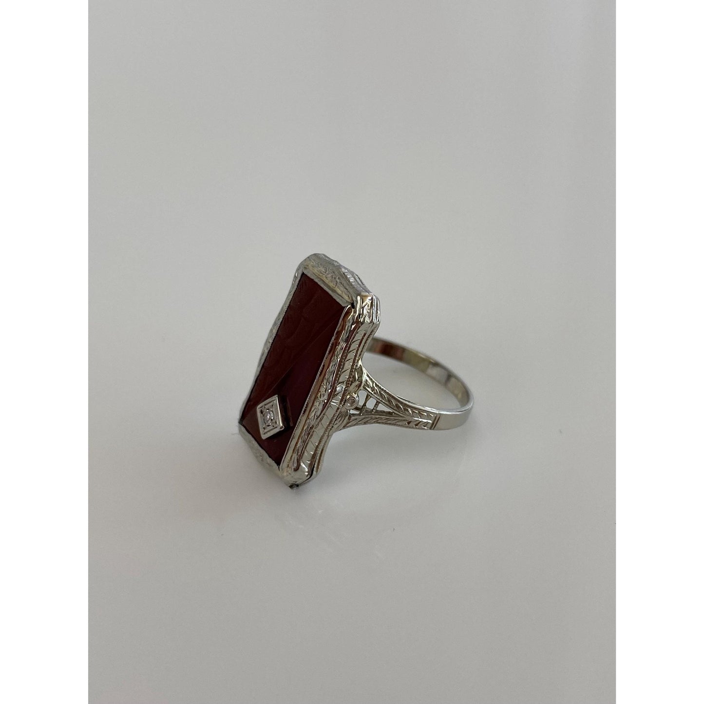 Vintage Solid 14k White Gold Clear Sapphire Carved Carnelian Art Deco Poison Ring - Size 6.5