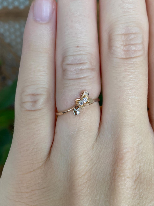 Vintage Solid 18k Rose & White Gold Diamond Butterfly Heart Ring - Size 5.5