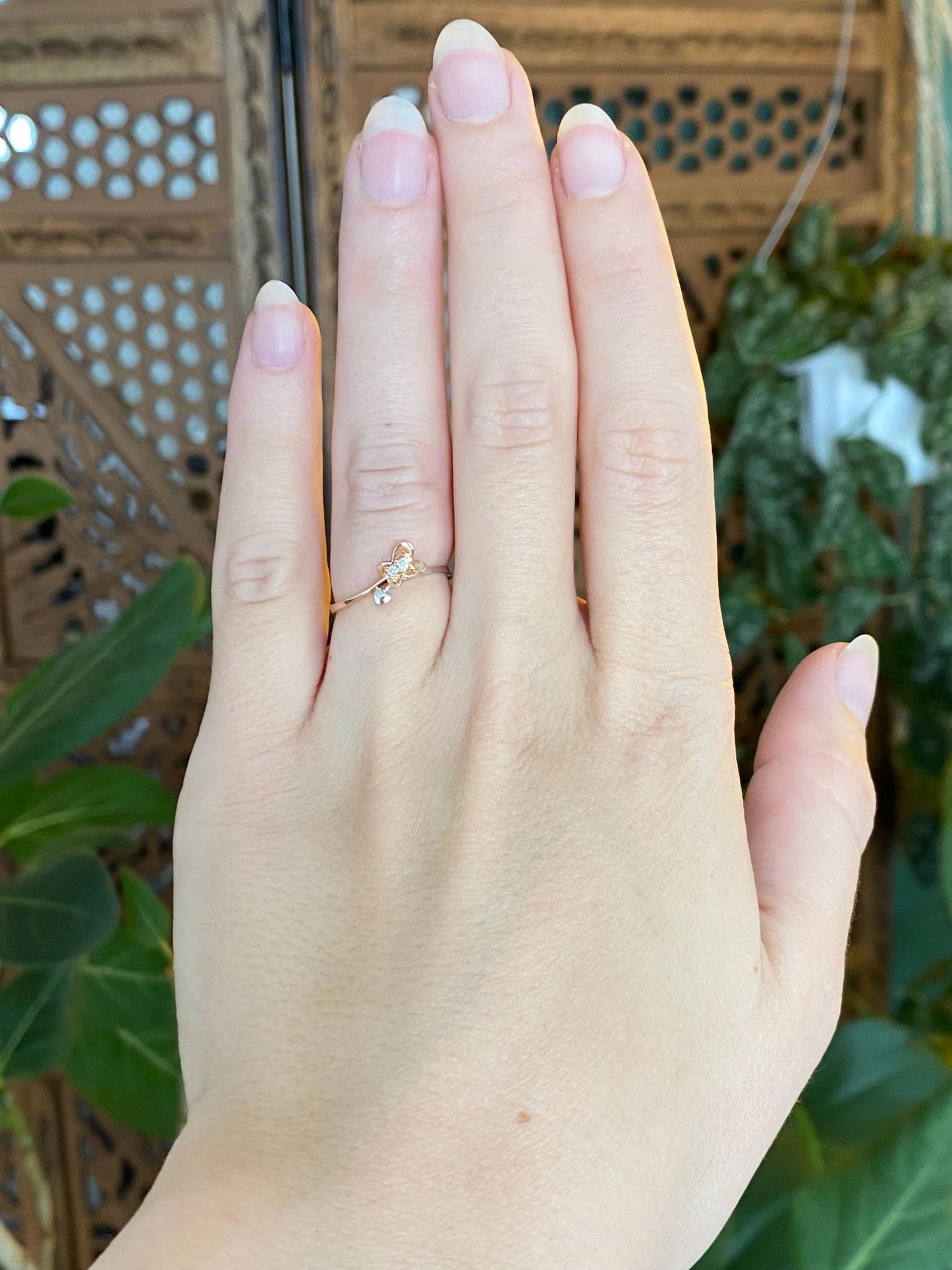 Vintage Solid 18k Rose & White Gold Diamond Butterfly Heart Ring - Size 5.5