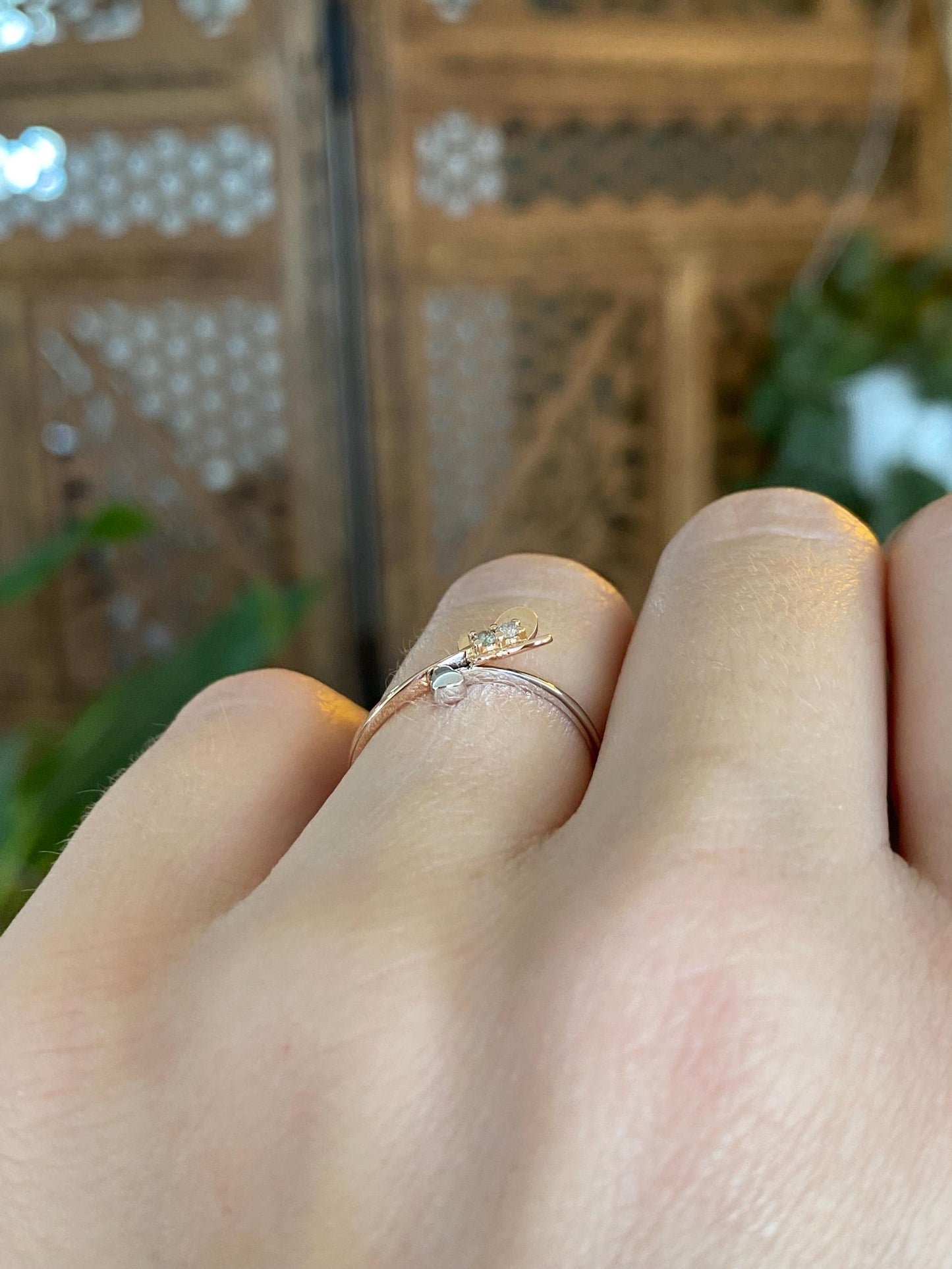 Vintage Solid 18k Rose & White Gold Diamond Butterfly Heart Ring - Size 5.5
