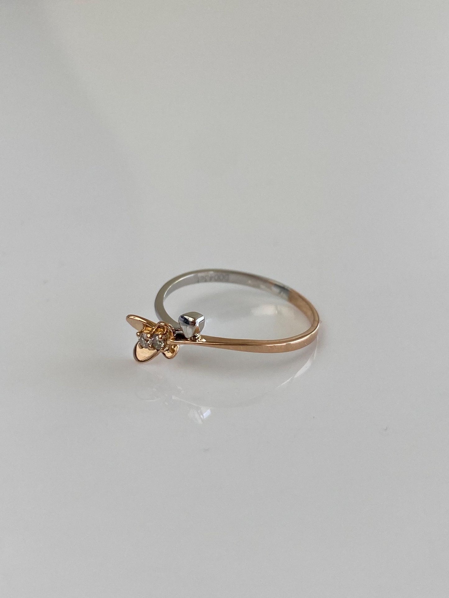 Vintage Solid 18k Rose & White Gold Diamond Butterfly Heart Ring - Size 5.5