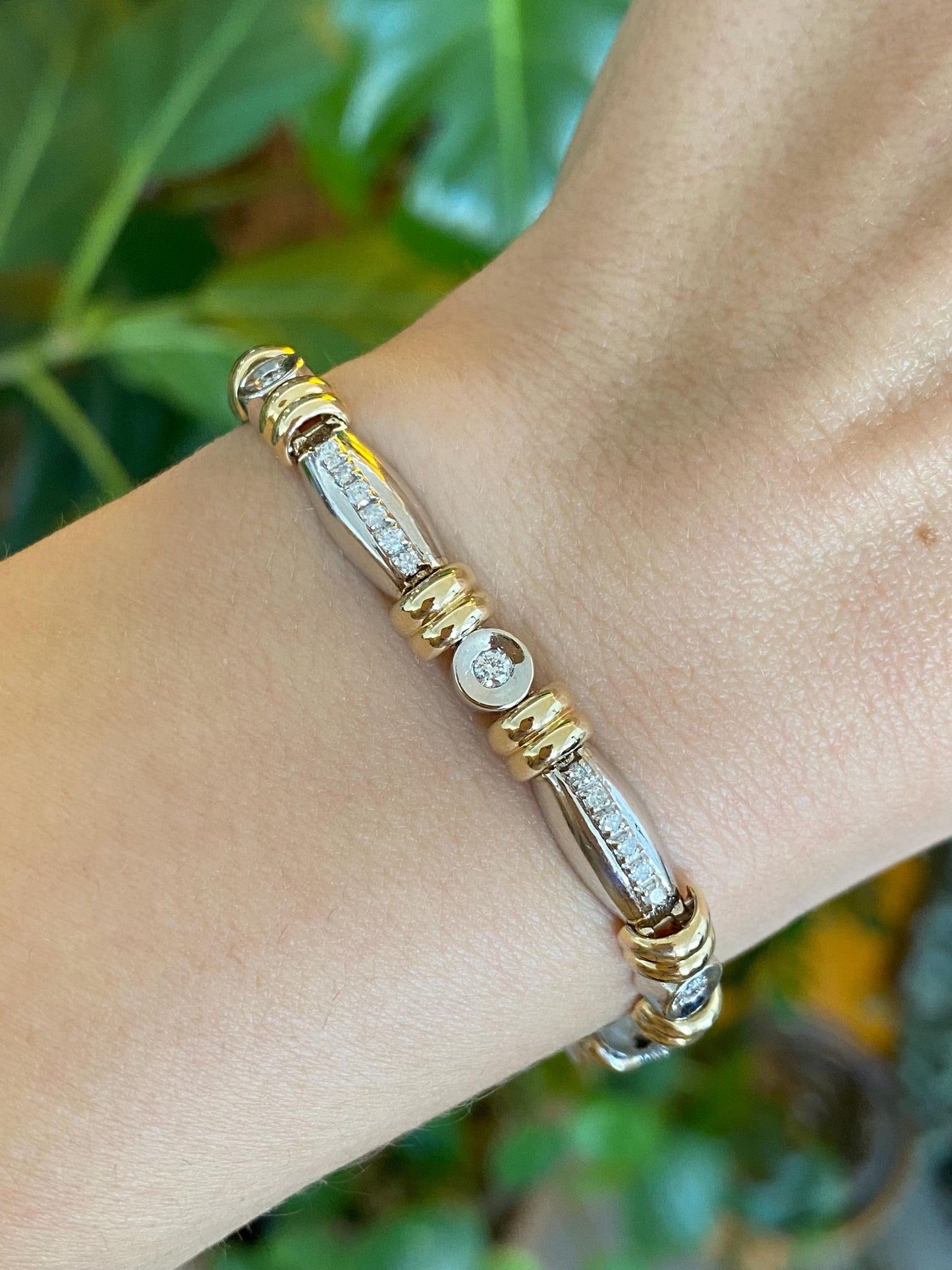 Solid 14k White & Yellow Gold Diamond Link Bracelet - 6.75 inches