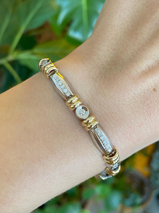 Solid 14k White & Yellow Gold Diamond Link Bracelet - 6.75 inches