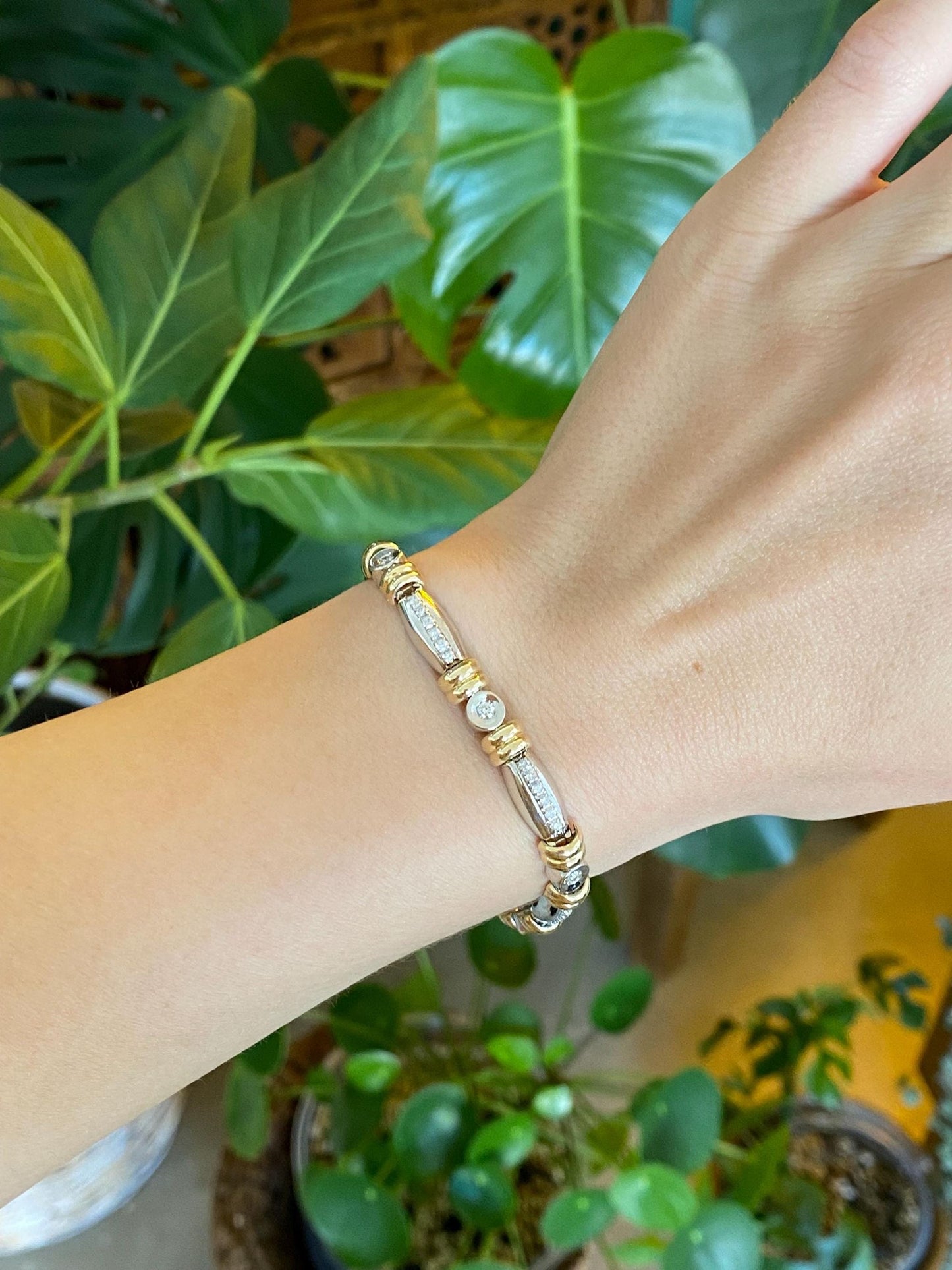 Solid 14k White & Yellow Gold Diamond Link Bracelet - 6.75 inches