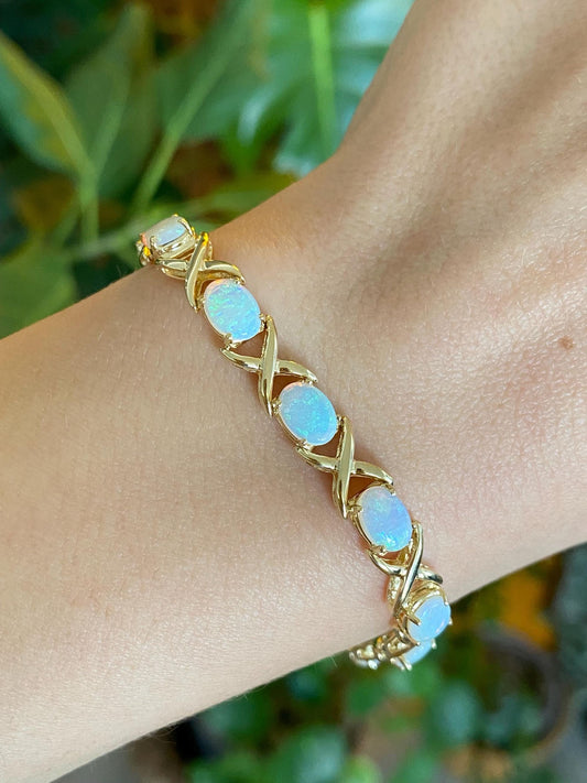Vintage Solid 14k Yellow Gold Opal XO Link Bracelet - 6.75 inches