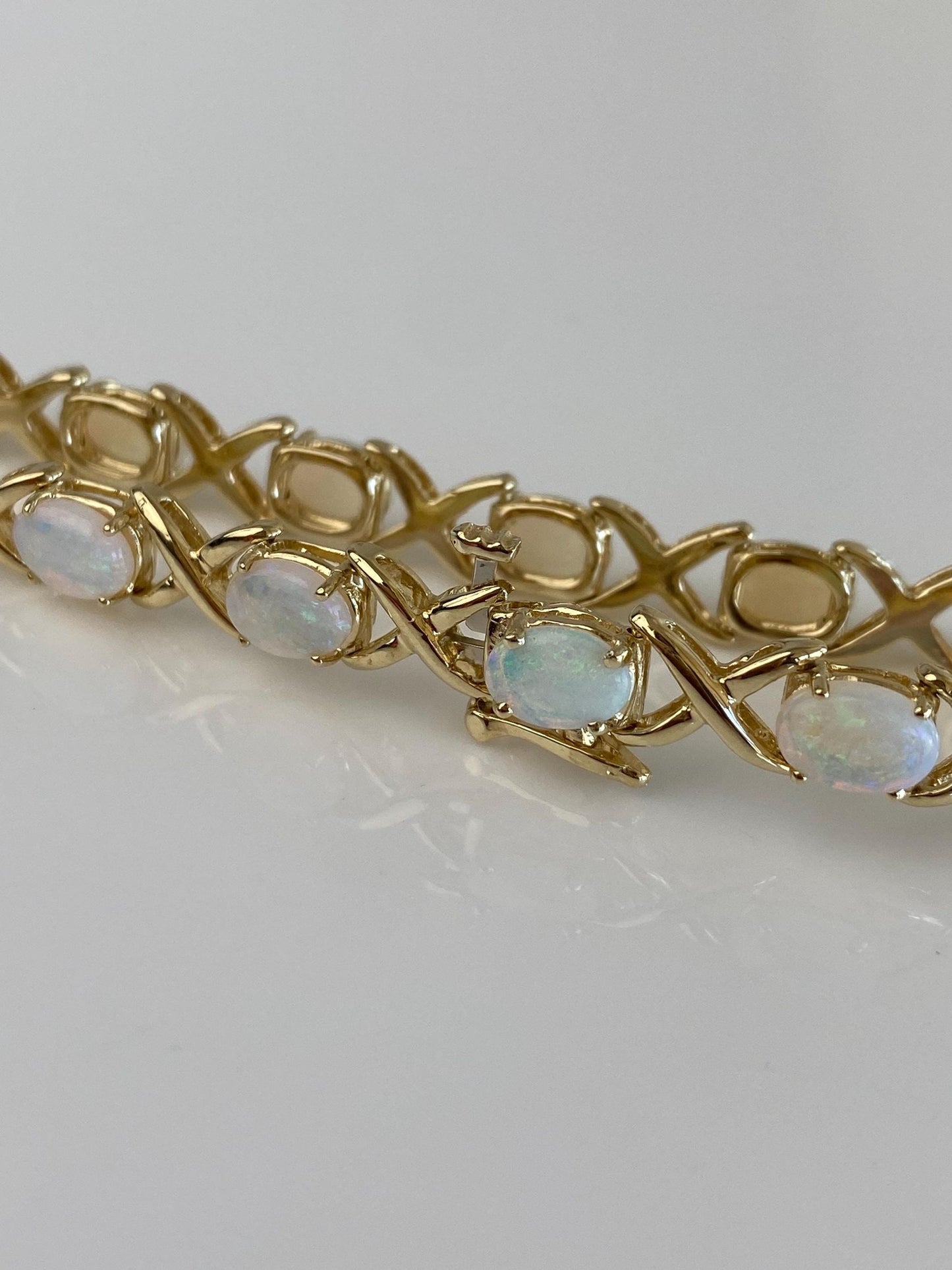 Vintage Solid 14k Yellow Gold Opal XO Link Bracelet - 6.75 inches