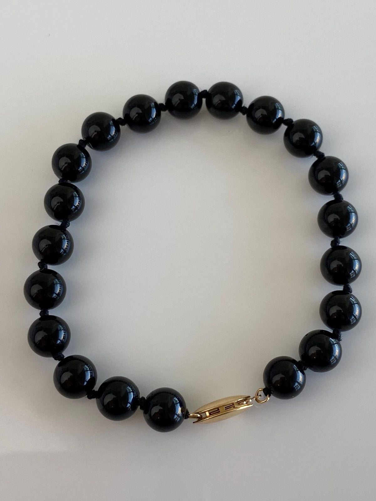 Vintage Solid 14k Yellow Gold Clasps Onyx Bead Strand Bracelet - 7.75 inches
