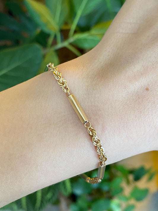 Vintage Solid 11k Yellow Gold Bar Link Rope Chain Bracelet - 7.5 inches