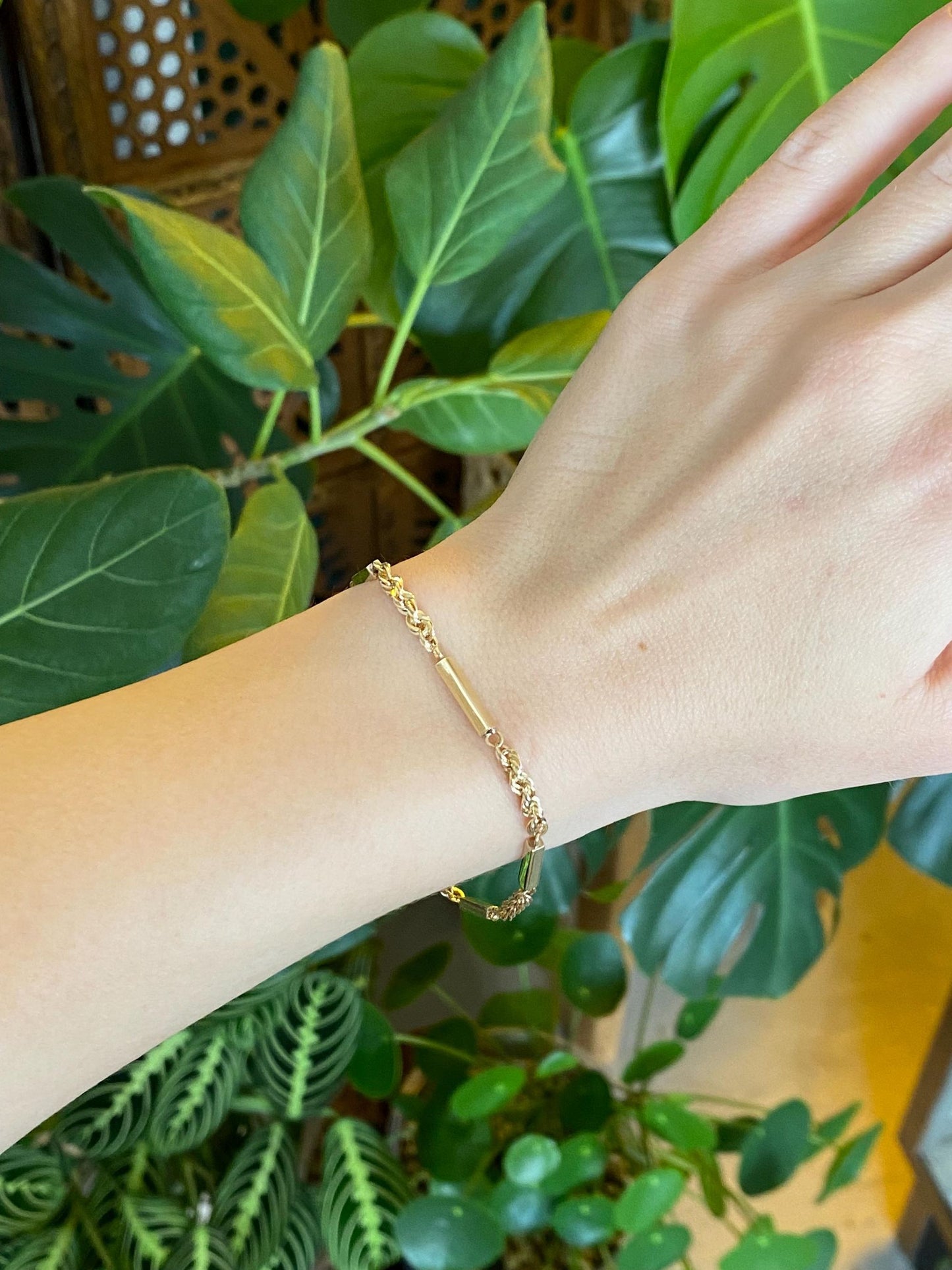 Vintage Solid 11k Yellow Gold Bar Link Rope Chain Bracelet - 7.5 inches