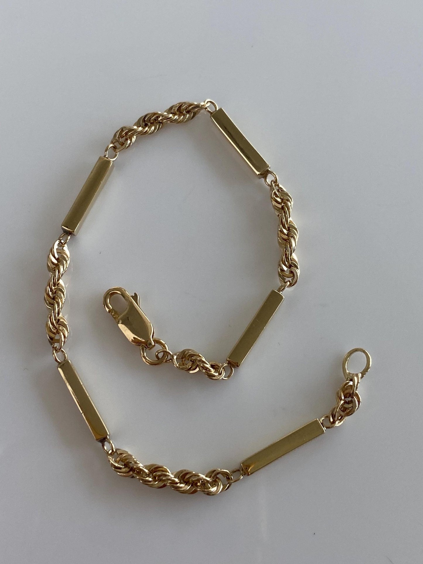 Vintage Solid 11k Yellow Gold Bar Link Rope Chain Bracelet - 7.5 inches