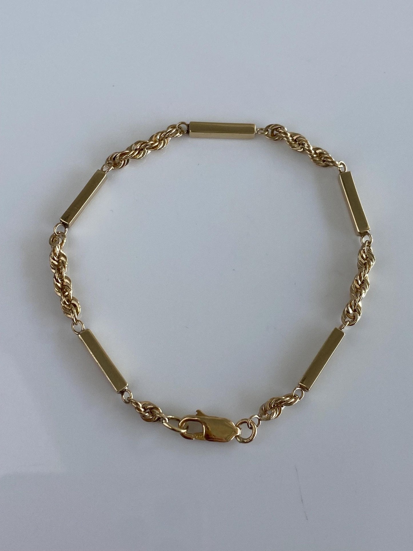 Vintage Solid 11k Yellow Gold Bar Link Rope Chain Bracelet - 7.5 inches