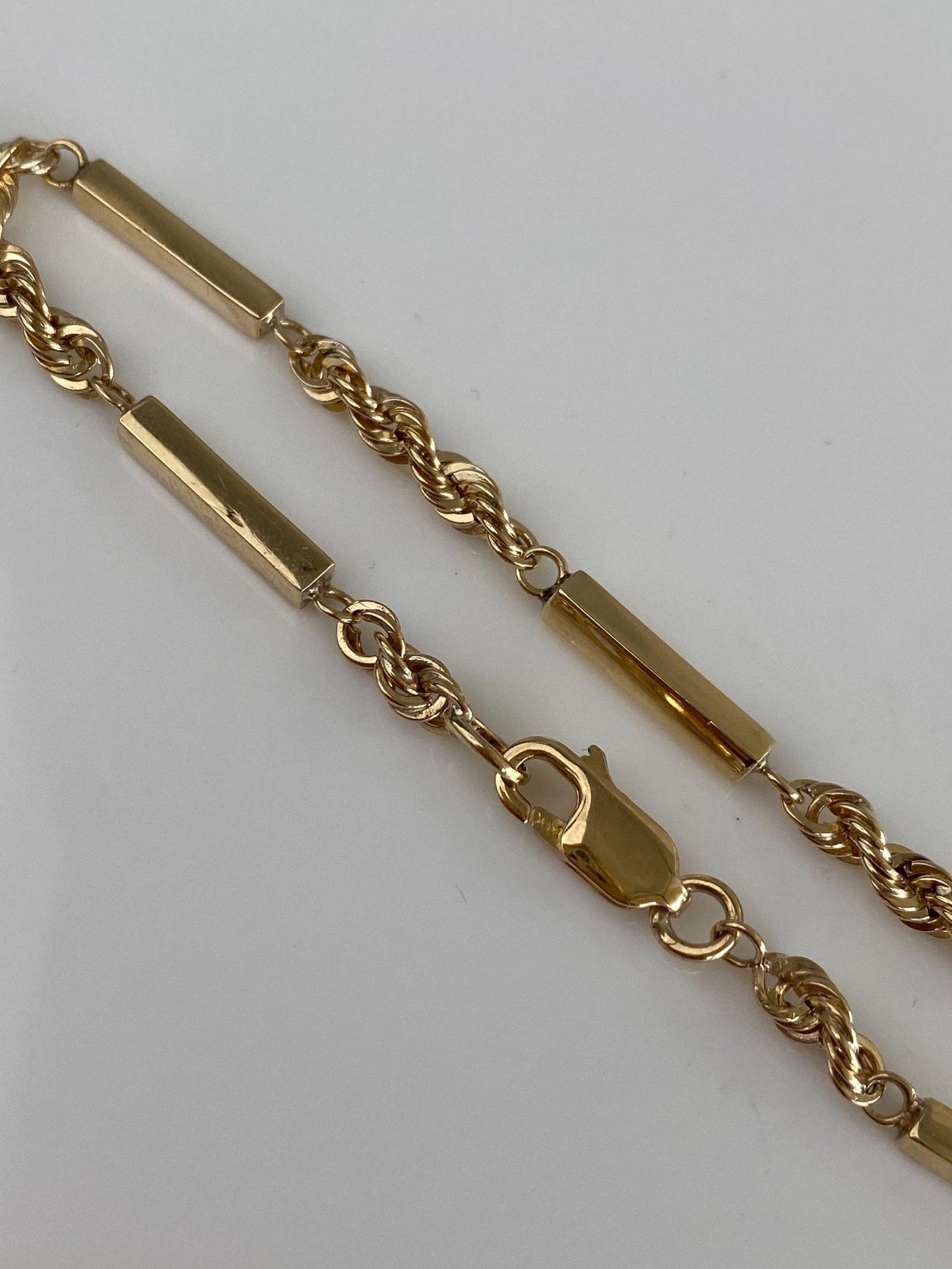 Vintage Solid 11k Yellow Gold Bar Link Rope Chain Bracelet - 7.5 inches