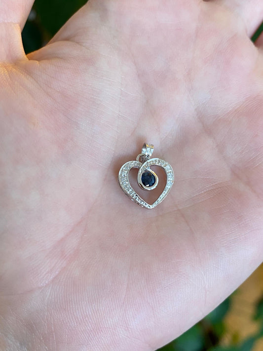 Vintage Solid 14k White Gold Blue & Clear Sapphire Heart Charm