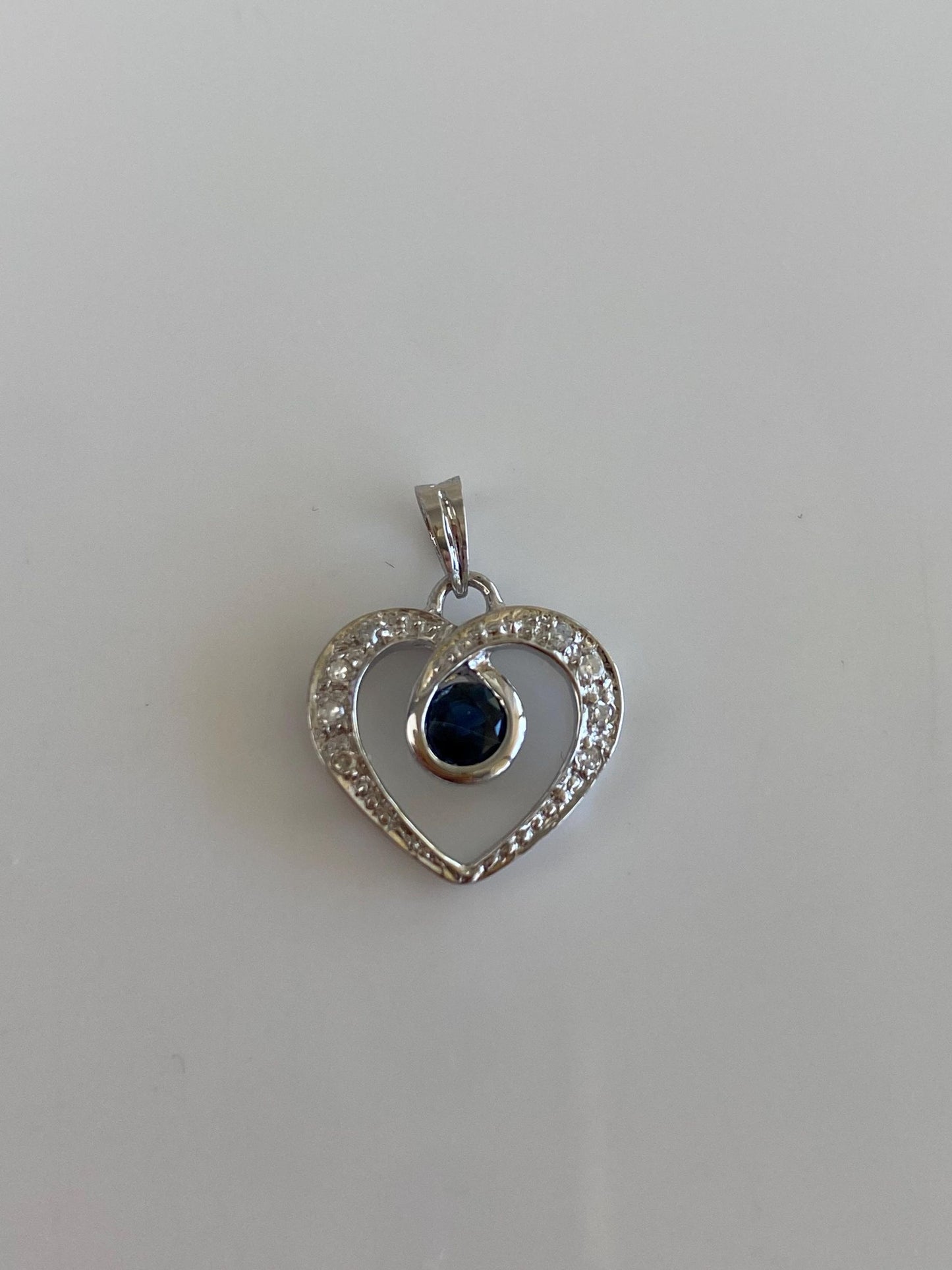 Vintage Solid 14k White Gold Blue & Clear Sapphire Heart Charm