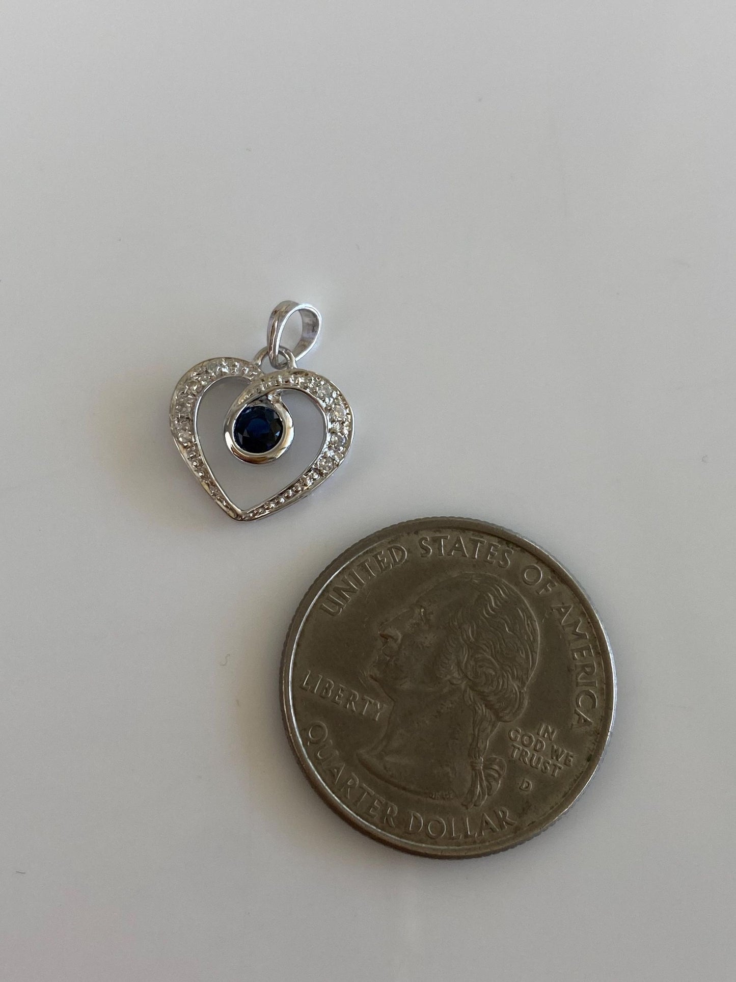 Vintage Solid 14k White Gold Blue & Clear Sapphire Heart Charm