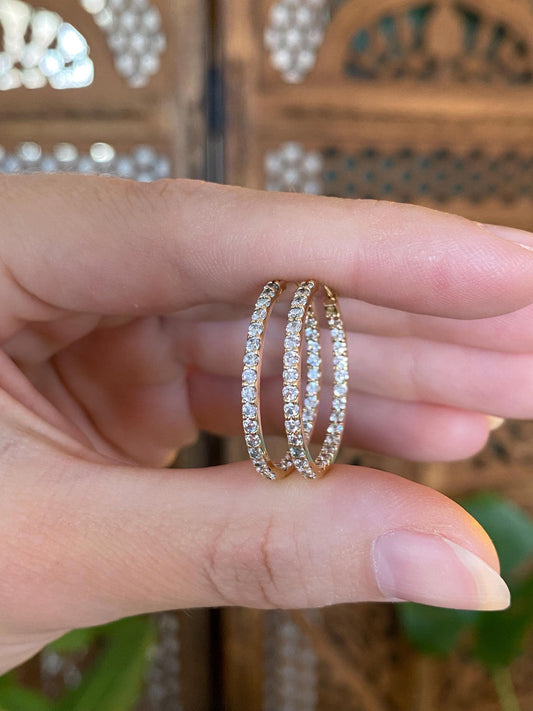 Vintage Solid 10k Yellow Gold Clear Cubic Zirconia Hoop Earrings