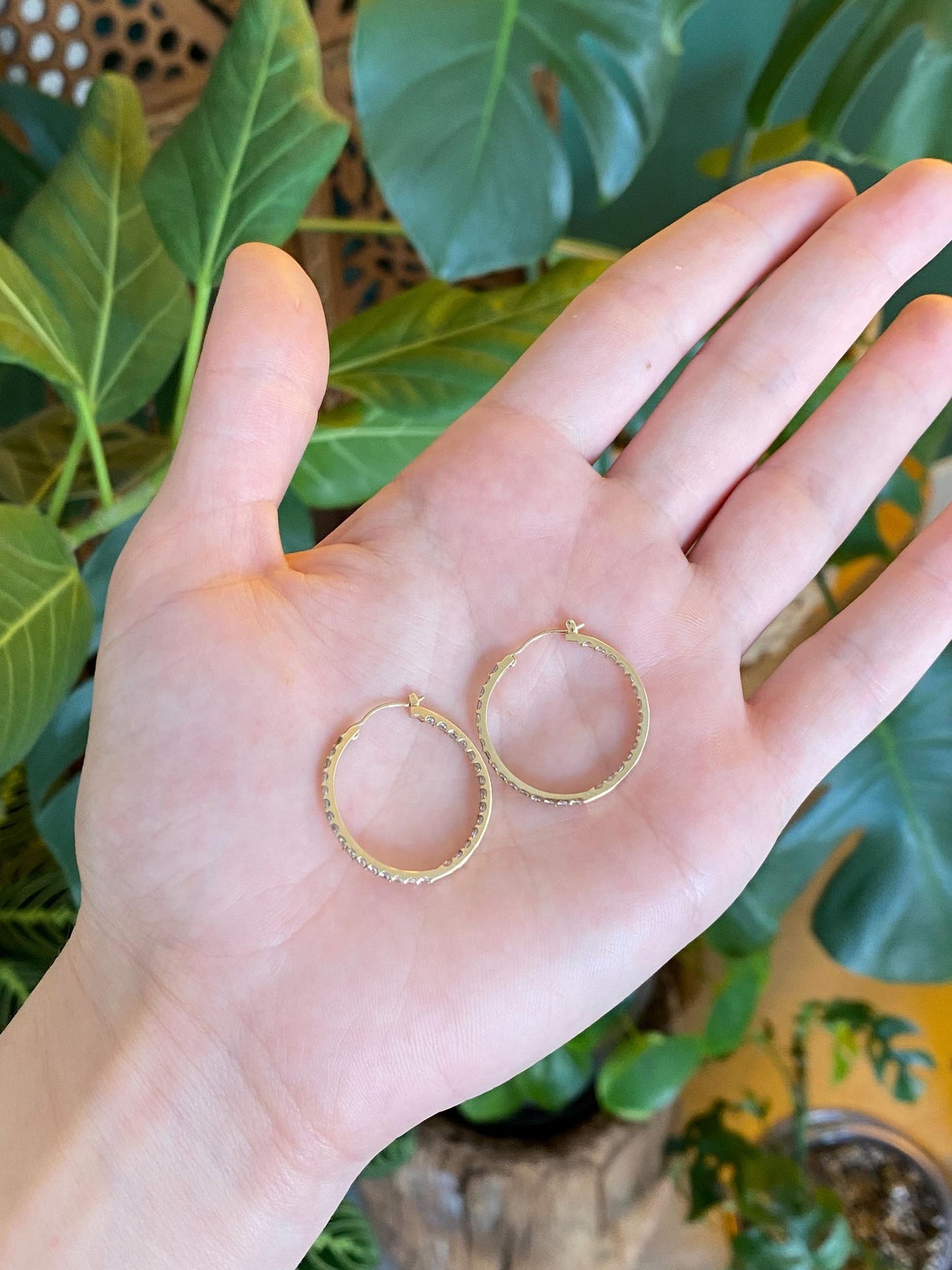 Vintage Solid 10k Yellow Gold Clear Cubic Zirconia Hoop Earrings