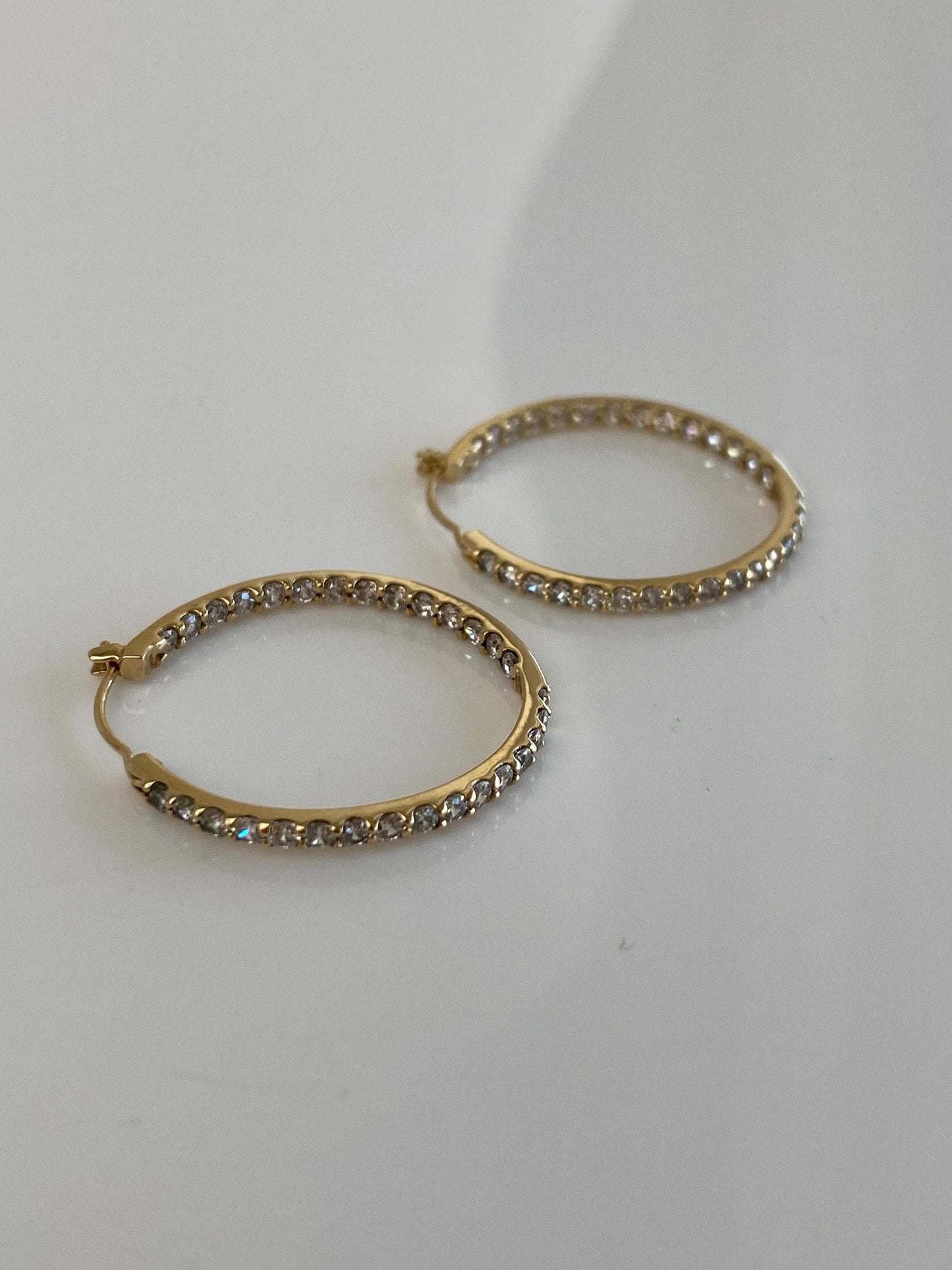 Vintage Solid 10k Yellow Gold Clear Cubic Zirconia Hoop Earrings