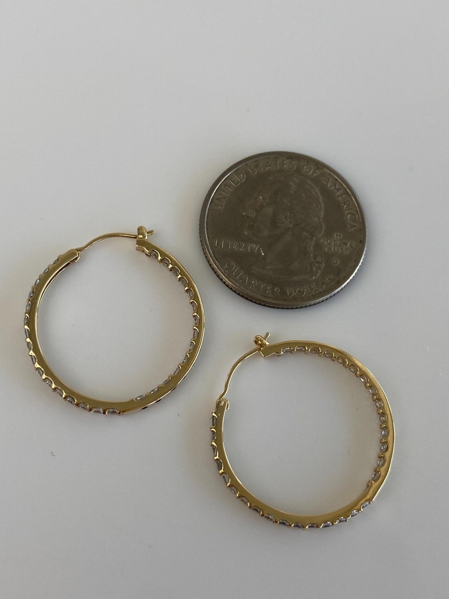 Vintage Solid 10k Yellow Gold Clear Cubic Zirconia Hoop Earrings