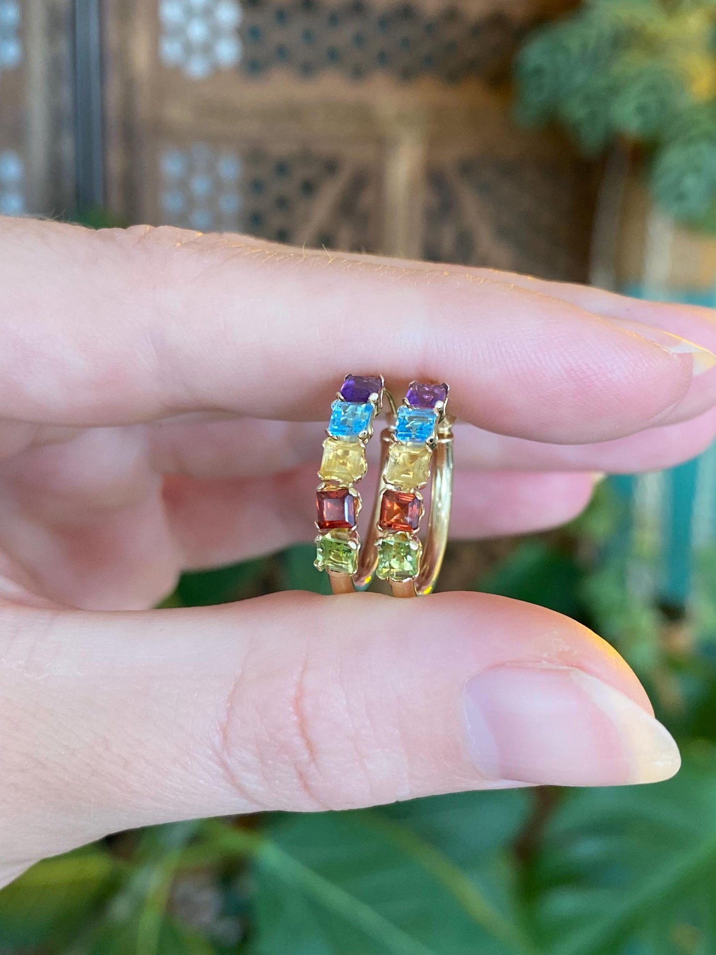 Vintage Solid 14k Yellow Gold Garnet Aquamarine Citrine Peridot Amethyst Hoop Earrings