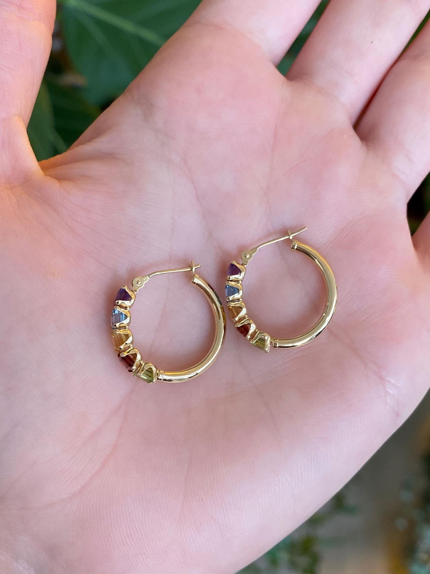 Vintage Solid 14k Yellow Gold Garnet Aquamarine Citrine Peridot Amethyst Hoop Earrings