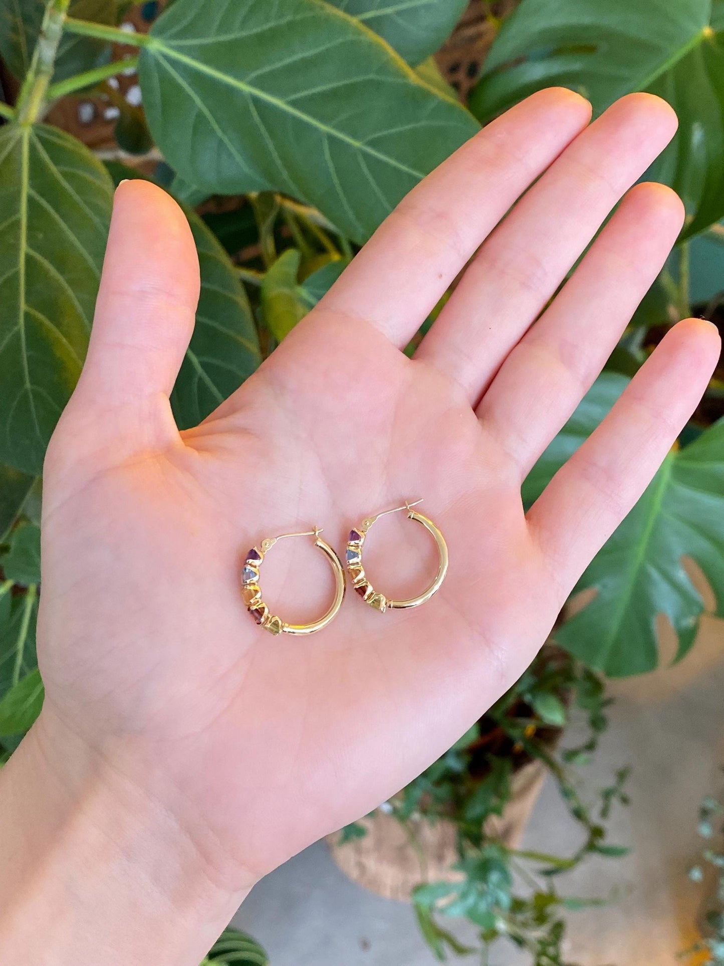 Vintage Solid 14k Yellow Gold Garnet Aquamarine Citrine Peridot Amethyst Hoop Earrings