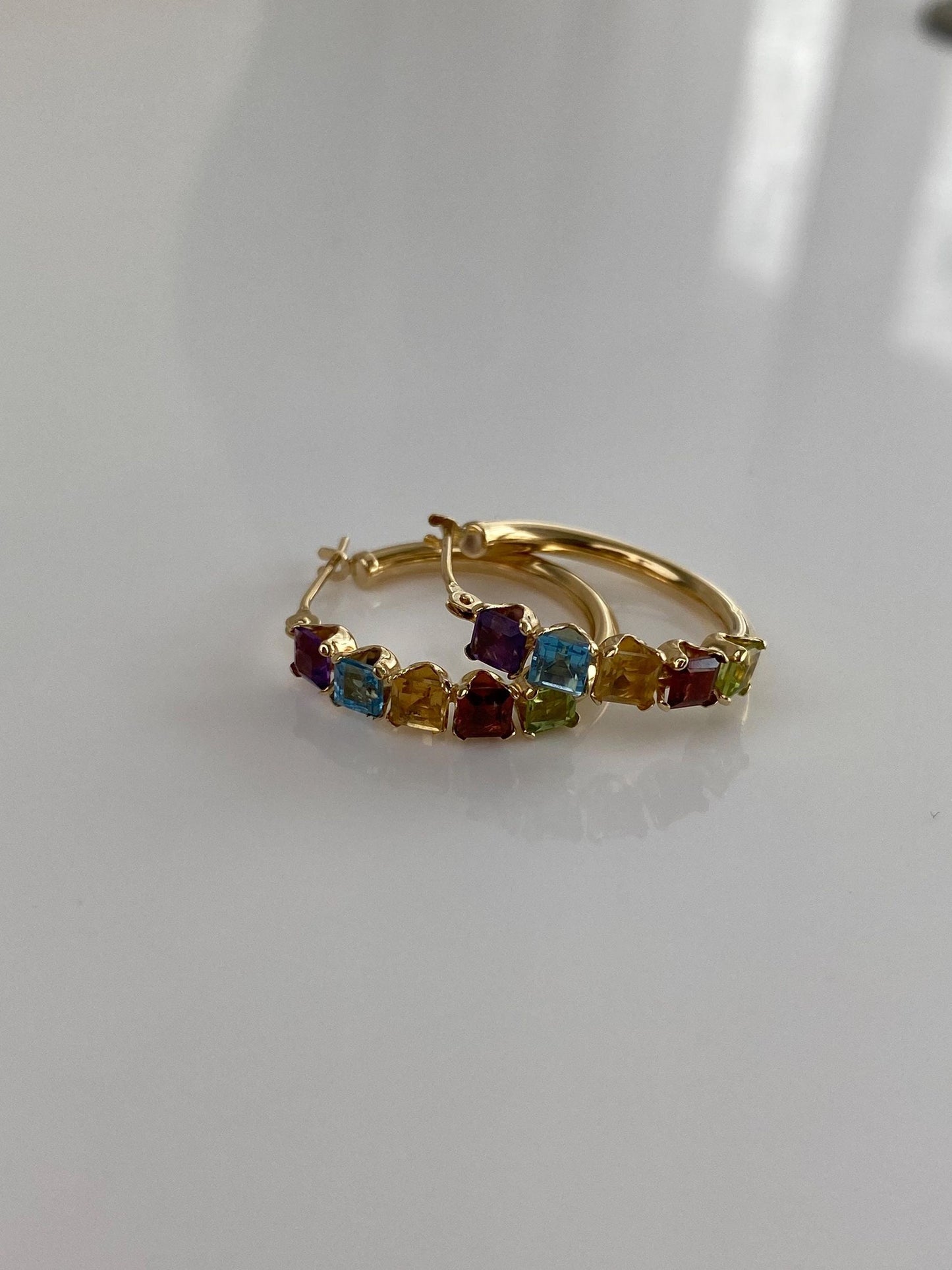Vintage Solid 14k Yellow Gold Garnet Aquamarine Citrine Peridot Amethyst Hoop Earrings