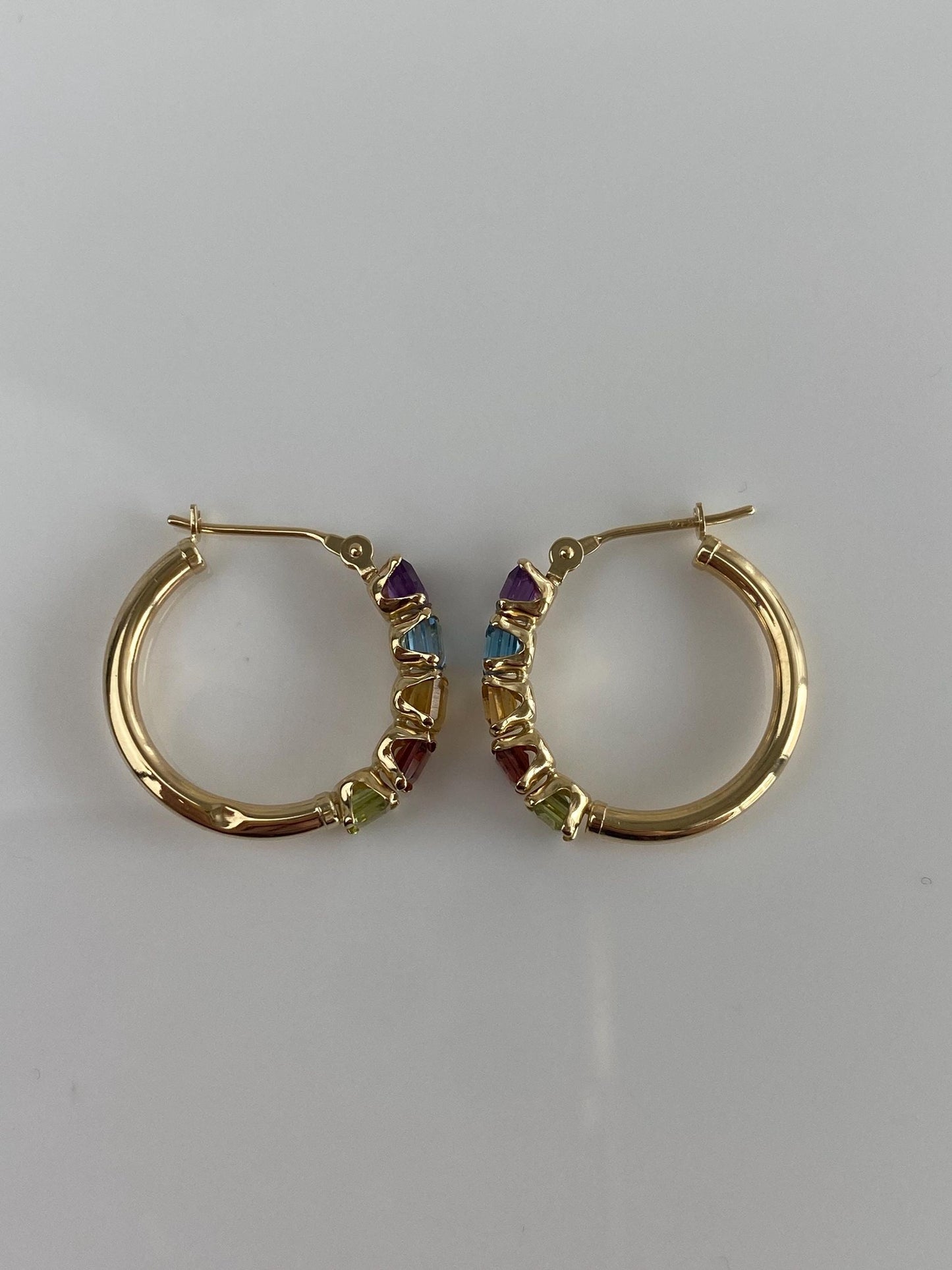 Vintage Solid 14k Yellow Gold Garnet Aquamarine Citrine Peridot Amethyst Hoop Earrings