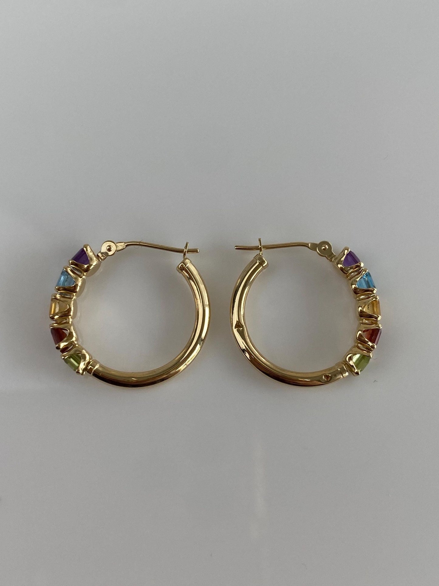 Vintage Solid 14k Yellow Gold Garnet Aquamarine Citrine Peridot Amethyst Hoop Earrings